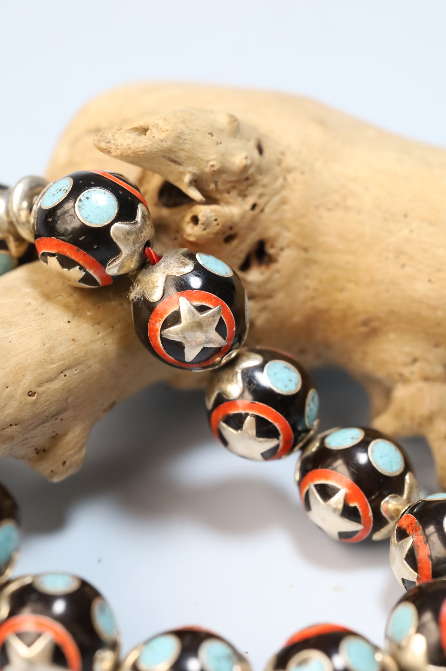 Kokka Wood Misbah with Turquoise, Coral Dust & Silver Stars – 33 Beads