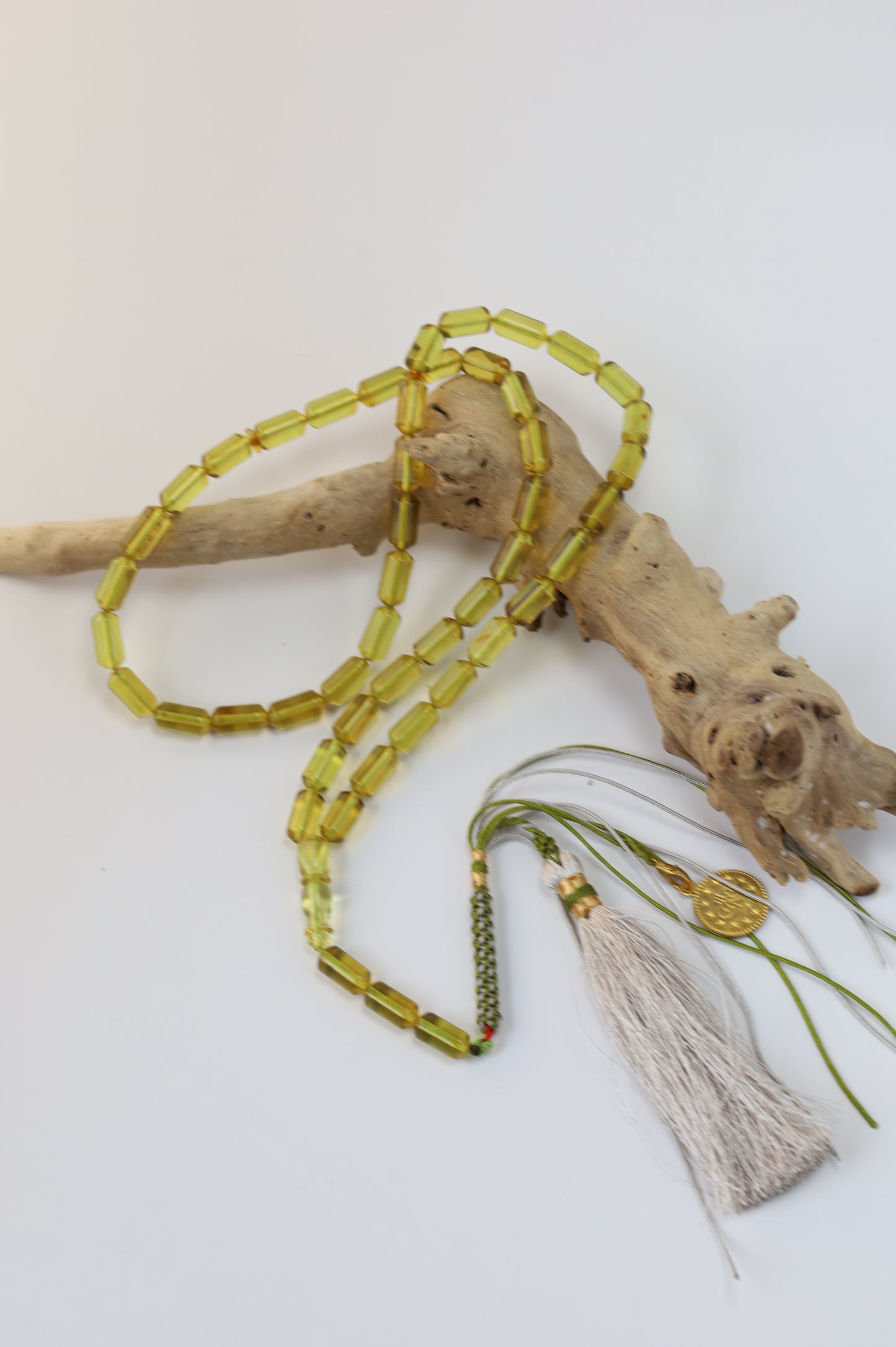 Natural Green Amber Misbah – 45 Beads + 3 Spares