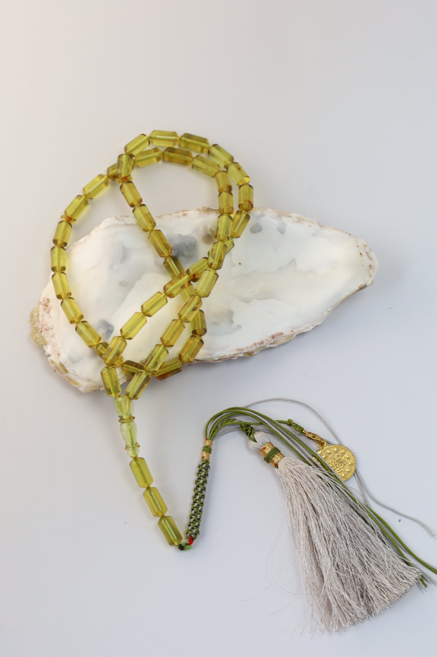 Natural Green Amber Misbah – 45 Beads + 3 Spares
