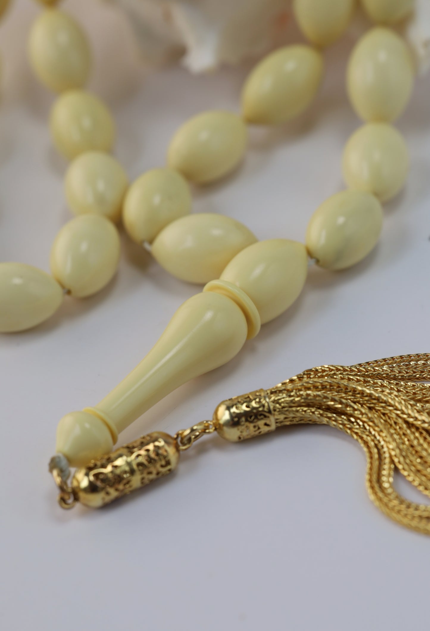 Ivory Chernobyl Old Bakelite Misbah – 33 Selected Olive Shape Beads