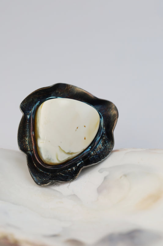 Pure Royal White Amber Ring with Oxidized Silver 925 with Blue Hue