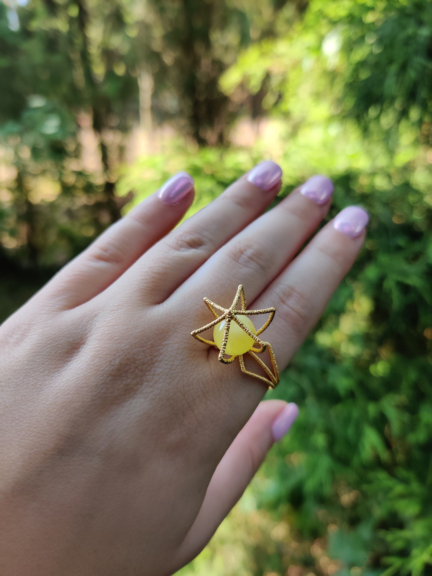 Geometric Cage Ring With Butterscotch Amber And Gold Plated Silver