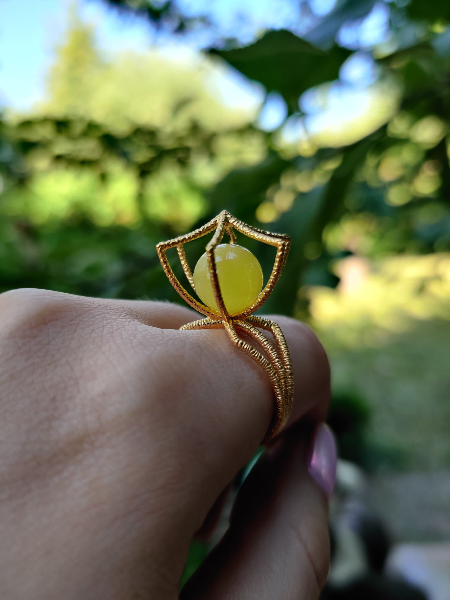 Geometric Cage Ring With Butterscotch Amber And Gold Plated Silver