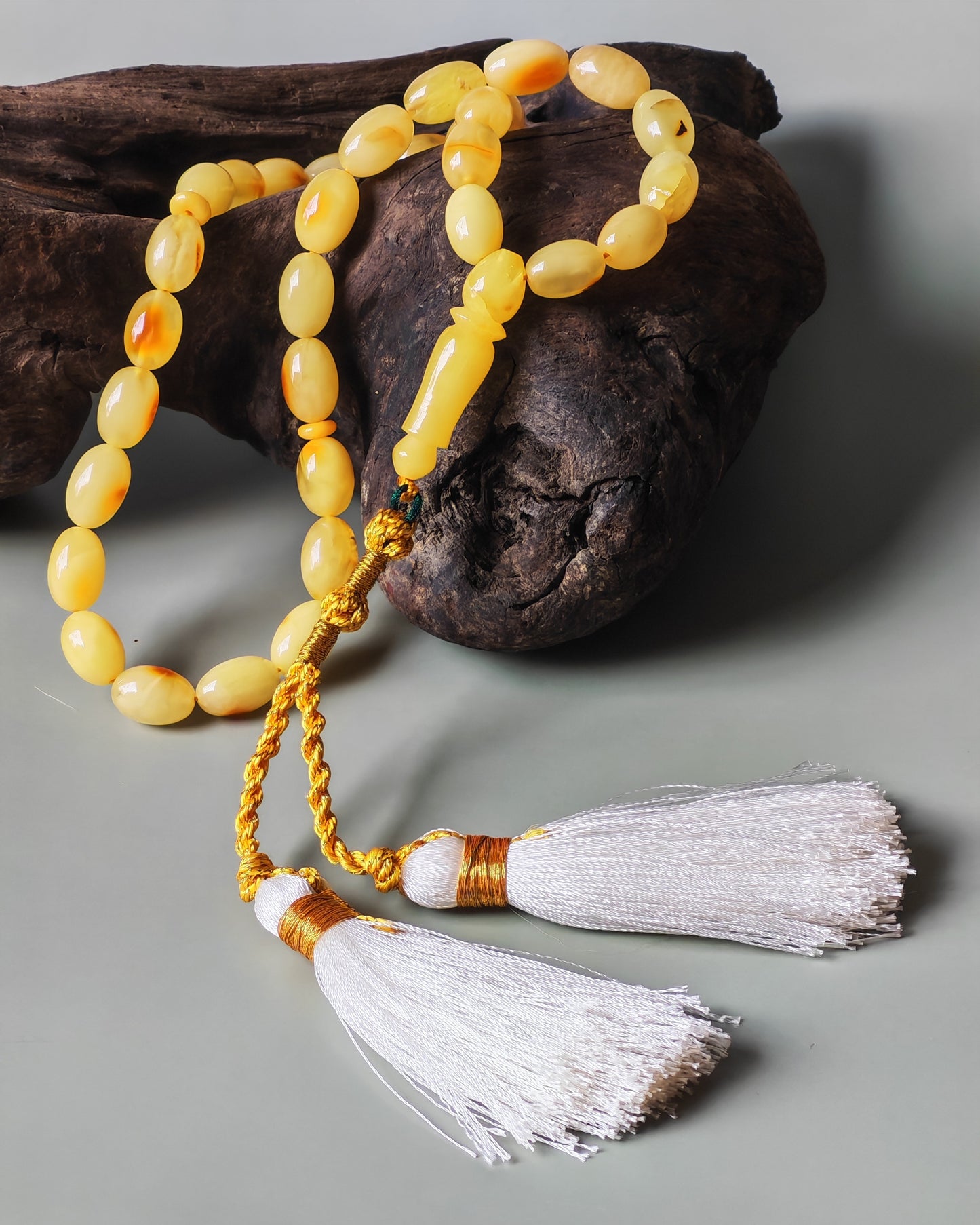Micro Olive-Shaped Amber Misbah – 33 Beads