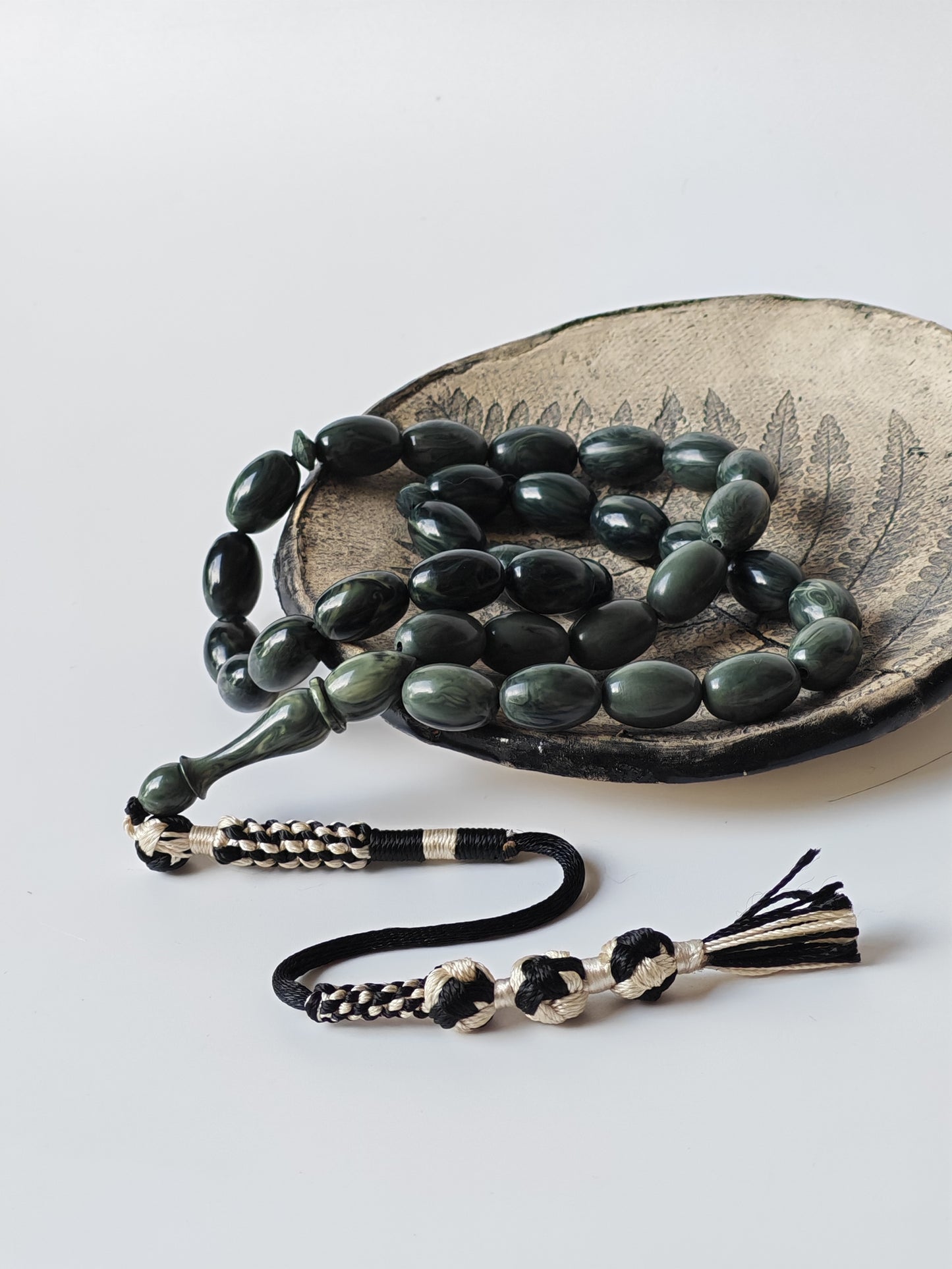 Vintage Bakelite Misbah "Chernobyl" – 33 Gradient Olive Beads