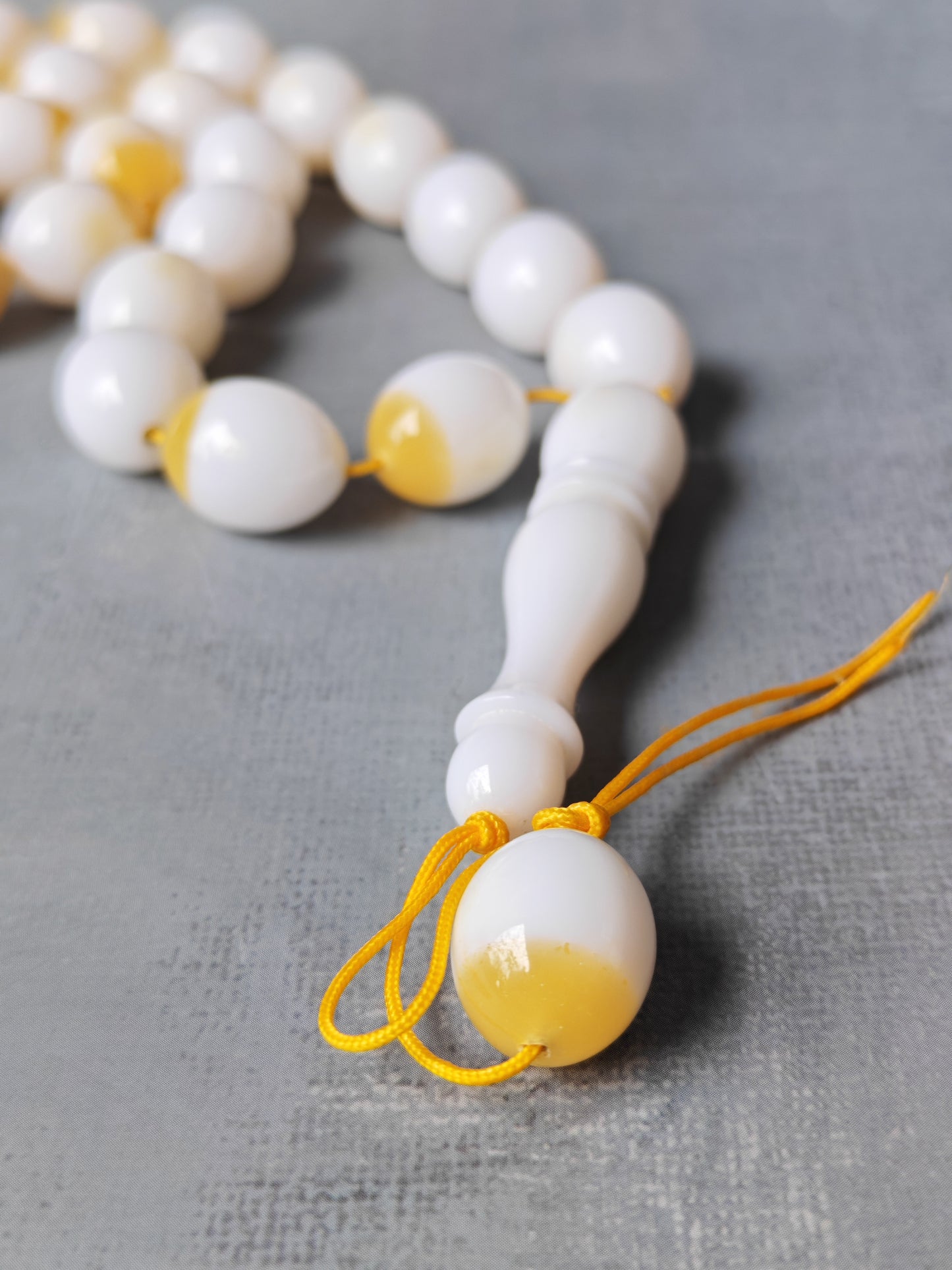Mahjong Domino Bakelite + Polyester Half Glittering Yellow & Half White Rosary 33 beads