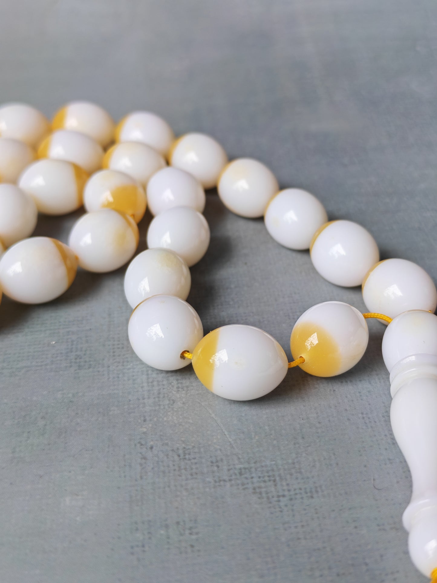 Mahjong Domino Bakelite + Polyester Half Glittering Yellow & Half White Rosary 33 beads