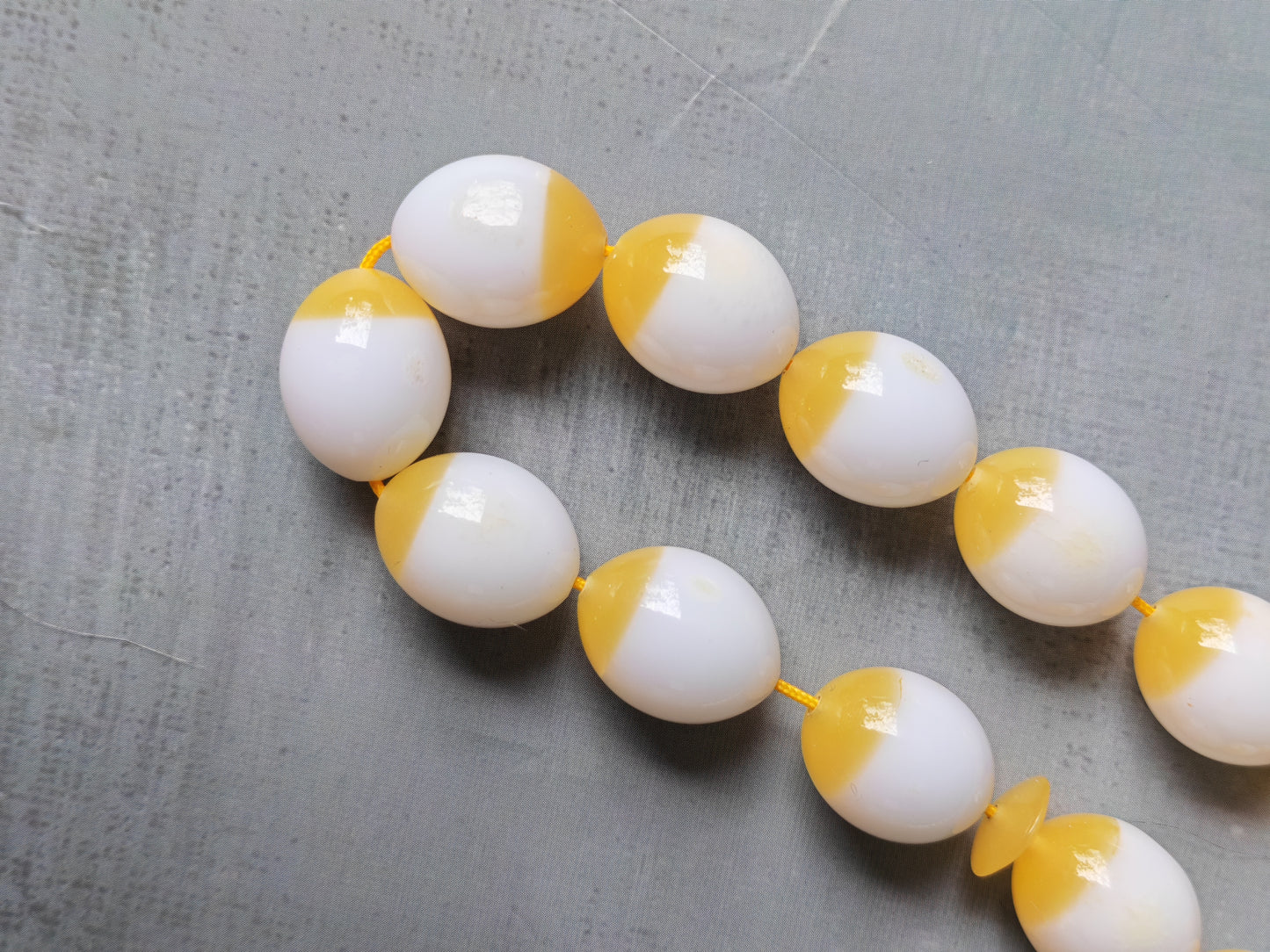 Mahjong Domino Bakelite + Polyester Half Glittering Yellow & Half White Rosary 33 beads