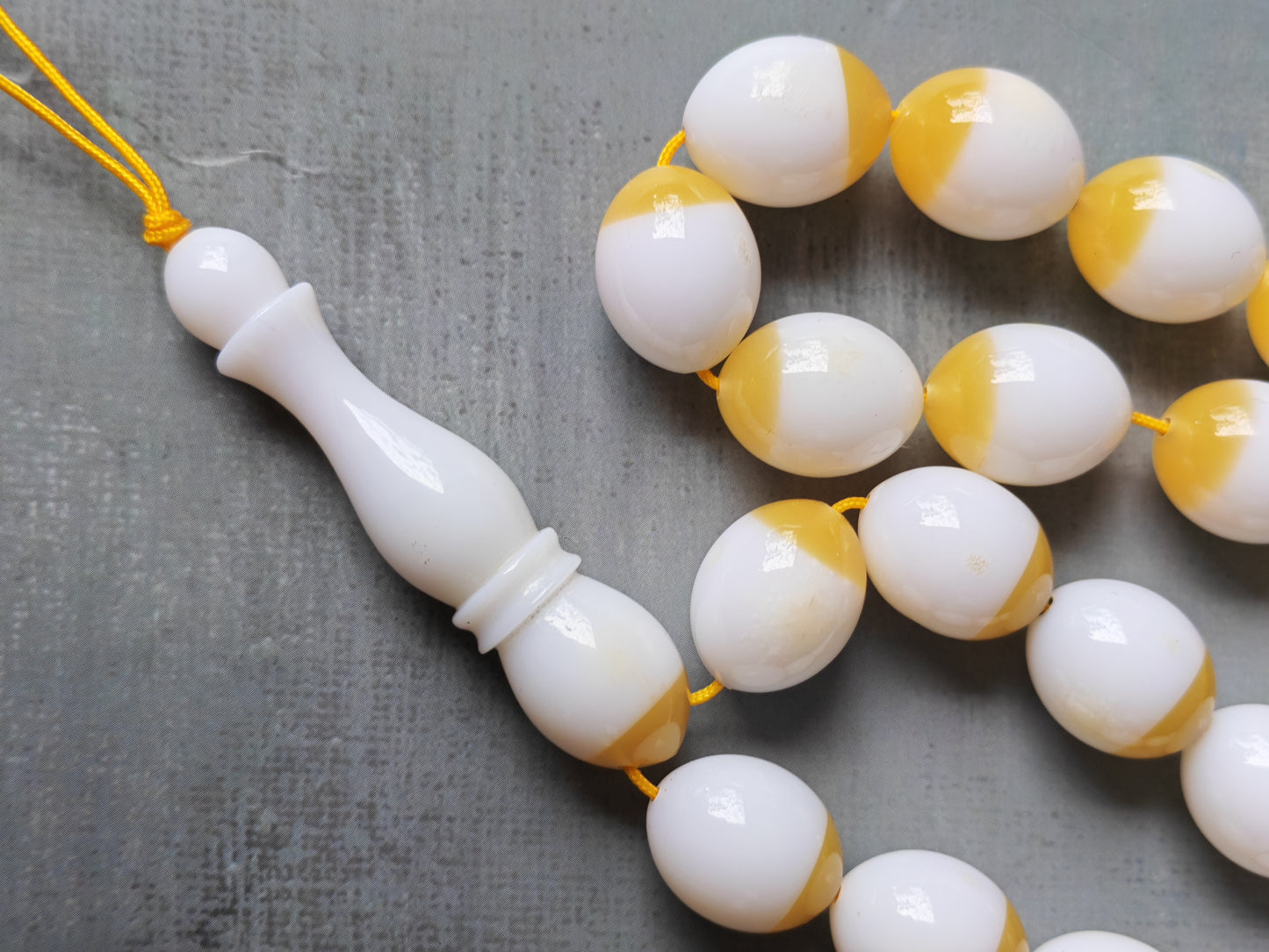 Mahjong Domino Bakelite + Polyester Half Glittering Yellow & Half White Rosary 33 beads