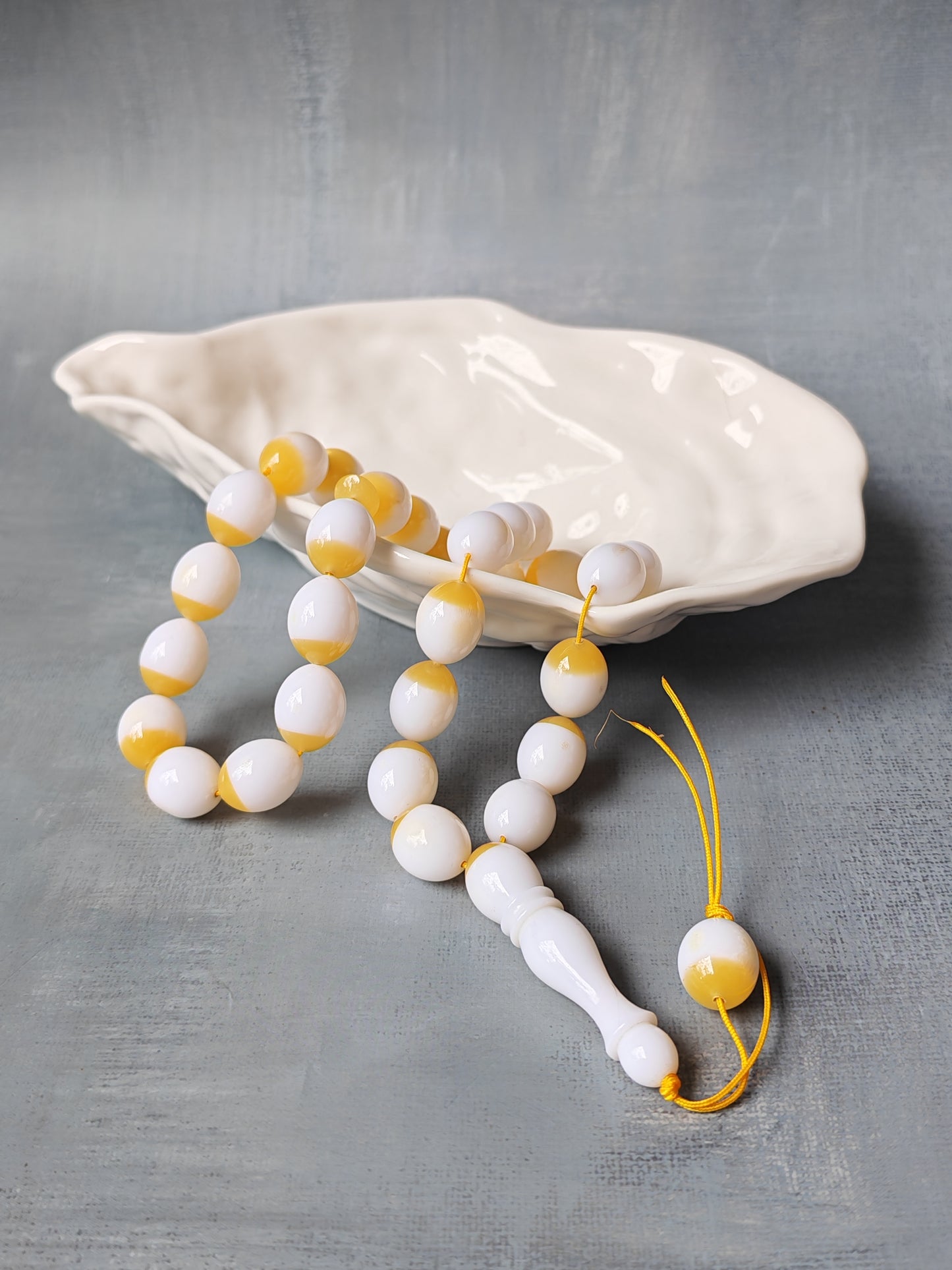 Mahjong Domino Bakelite + Polyester Half Glittering Yellow & Half White Rosary 33 beads