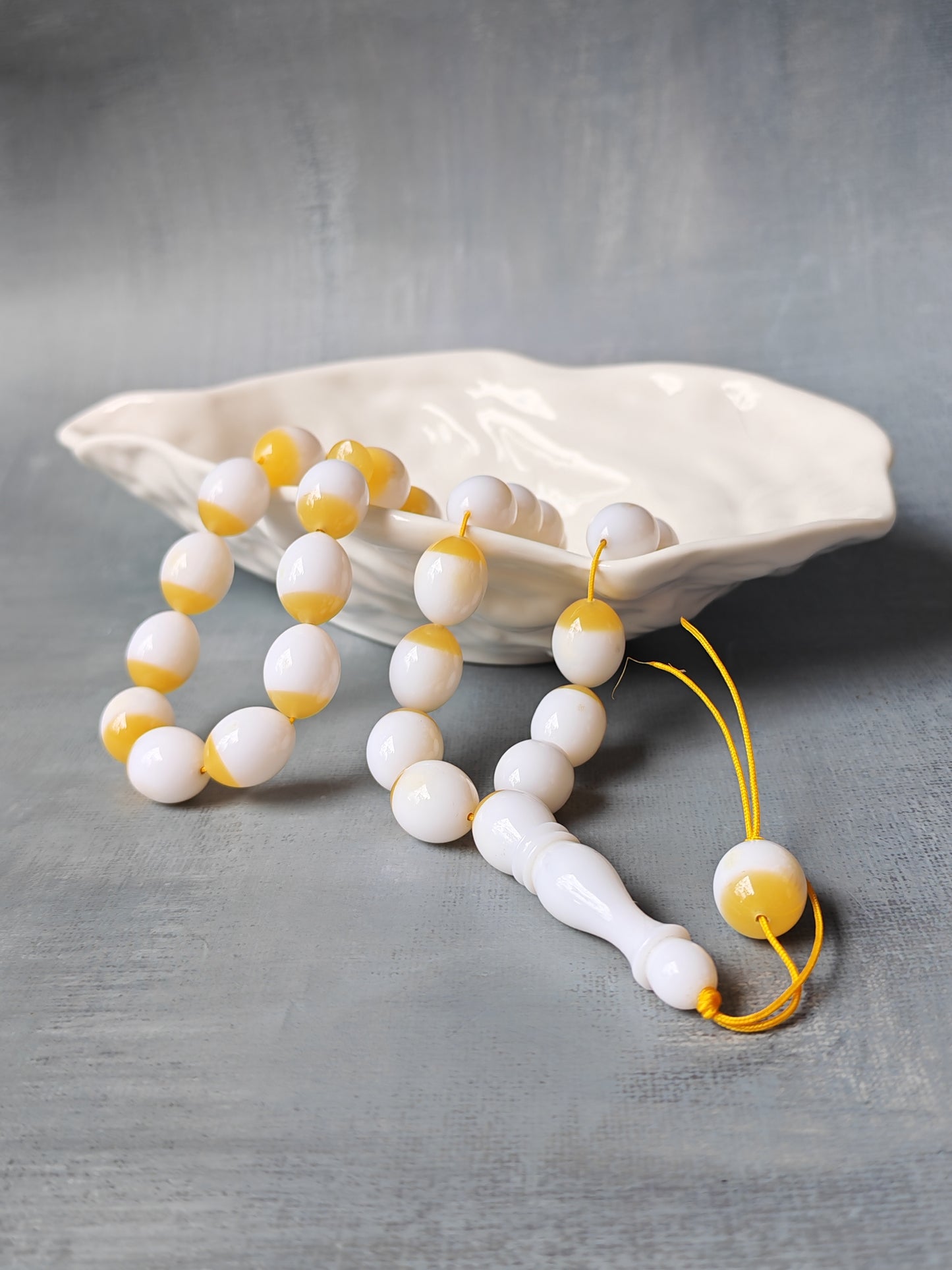 Mahjong Domino Bakelite + Polyester Half Glittering Yellow & Half White Rosary 33 beads
