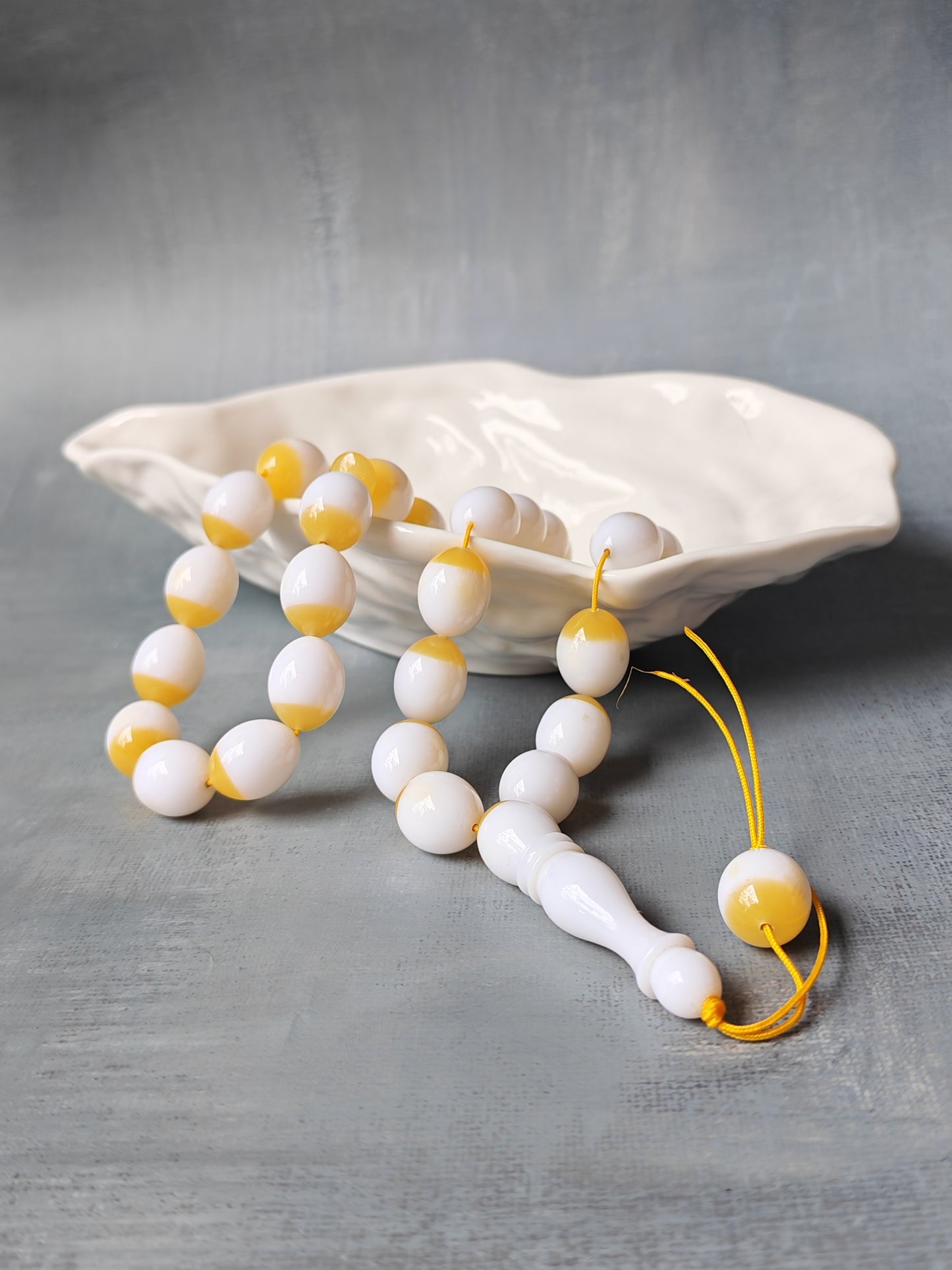 Mahjong Domino Bakelite + Polyester Half Glittering Yellow & Half White Rosary 33 beads