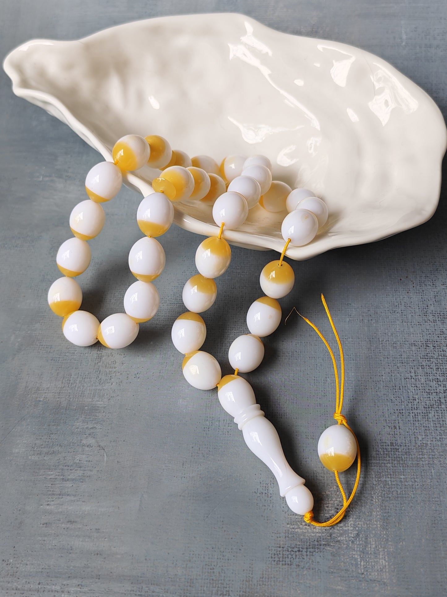 Mahjong Domino Bakelite + Polyester Half Glittering Yellow & Half White Rosary 33 beads