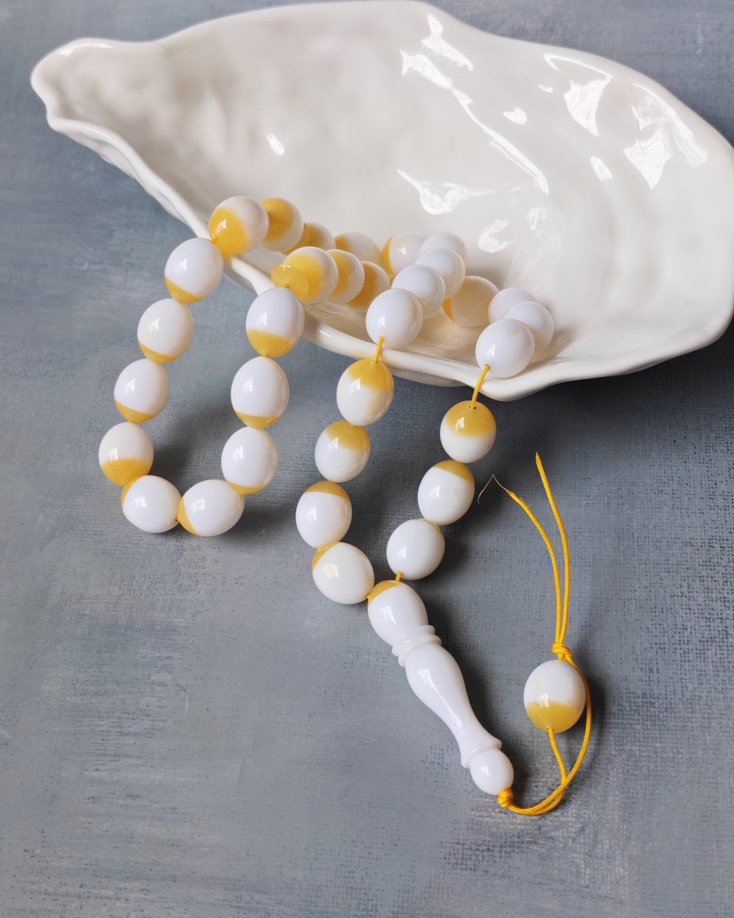 Mahjong Domino Bakelite + Polyester Half Glittering Yellow & Half White Rosary 33 beads