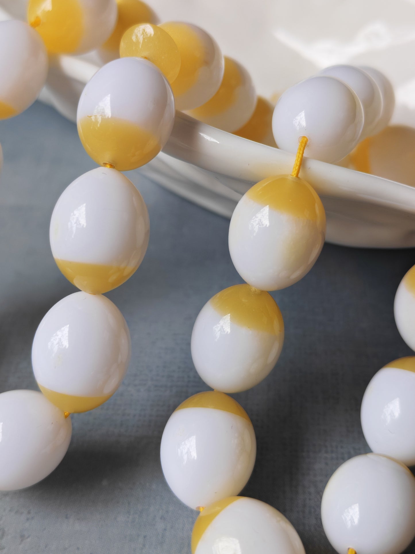 Mahjong Domino Bakelite + Polyester Half Glittering Yellow & Half White Rosary 33 beads
