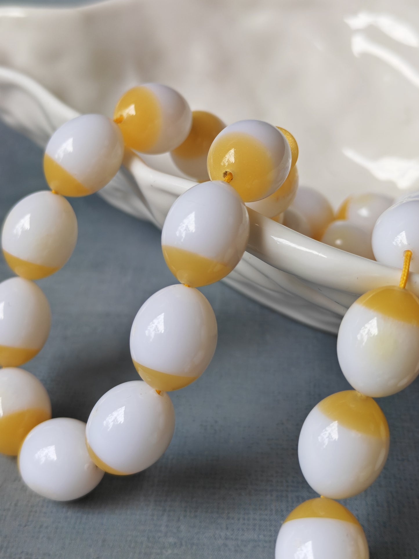 Mahjong Domino Bakelite + Polyester Half Glittering Yellow & Half White Rosary 33 beads