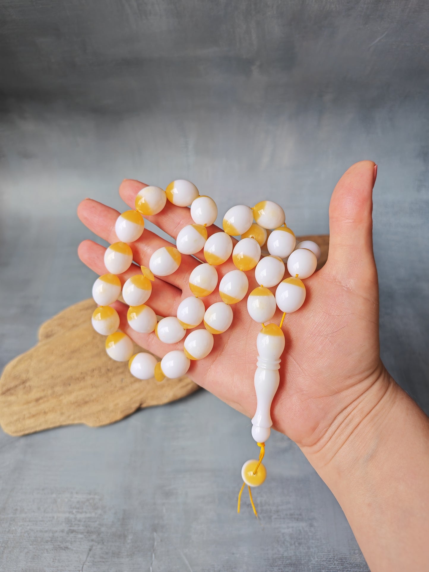 Mahjong Domino Bakelite + Polyester Half Glittering Yellow & Half White Rosary 33 beads