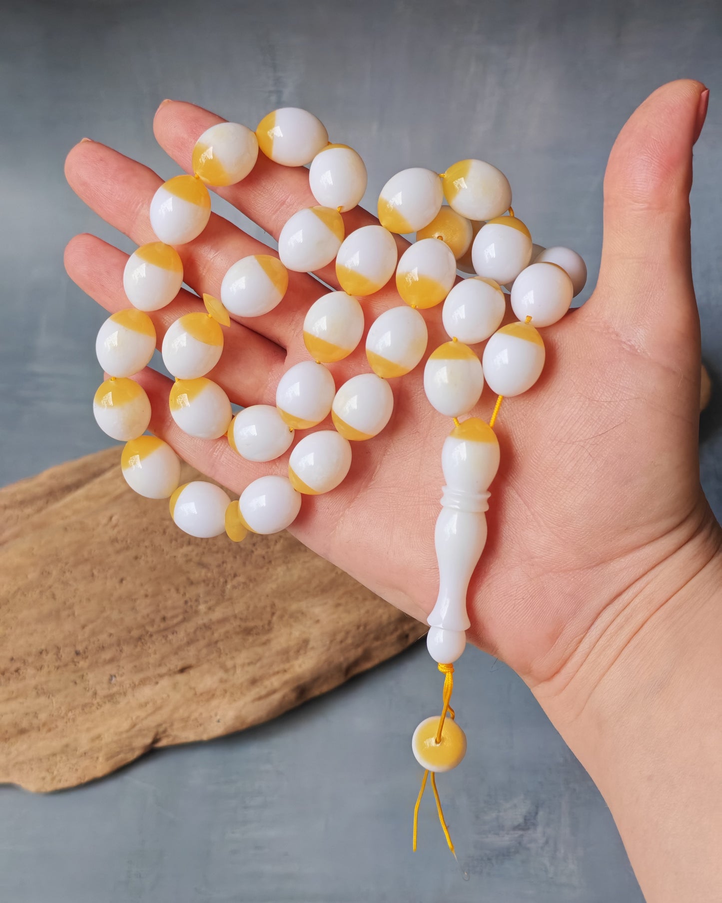Mahjong Domino Bakelite + Polyester Half Glittering Yellow & Half White Rosary 33 beads