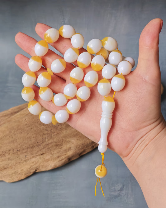 Mahjong Domino Bakelite + Polyester Half Glittering Yellow & Half White Rosary 33 beads