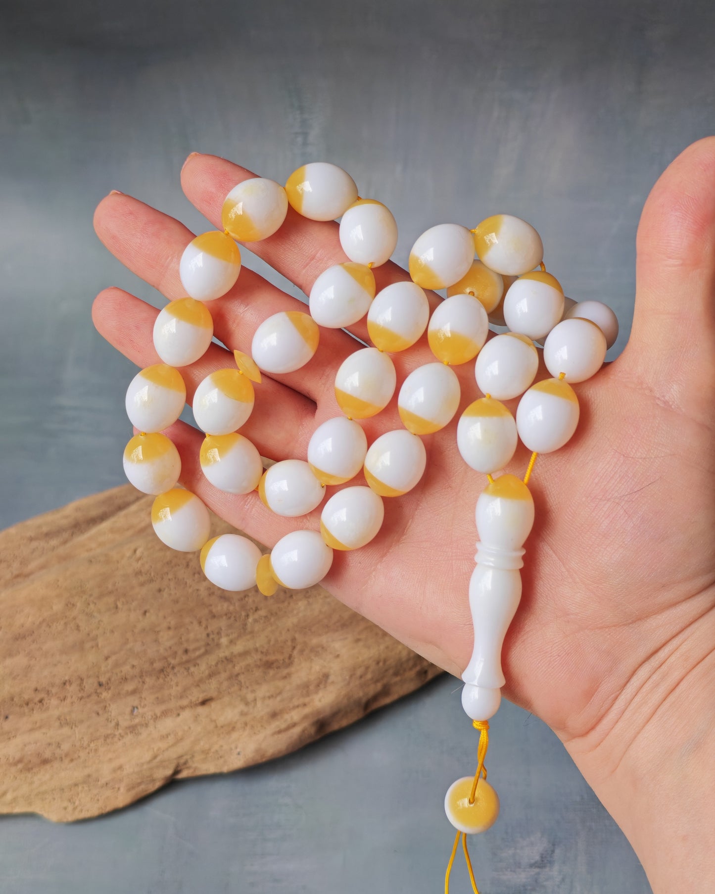 Mahjong Domino Bakelite + Polyester Half Glittering Yellow & Half White Rosary 33 beads