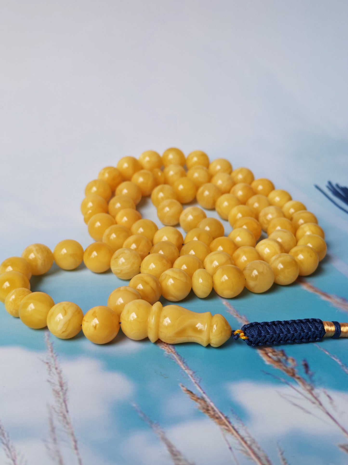 Natural Butterscotch Amber Rosary with Royal White Inclusions 67 Beads