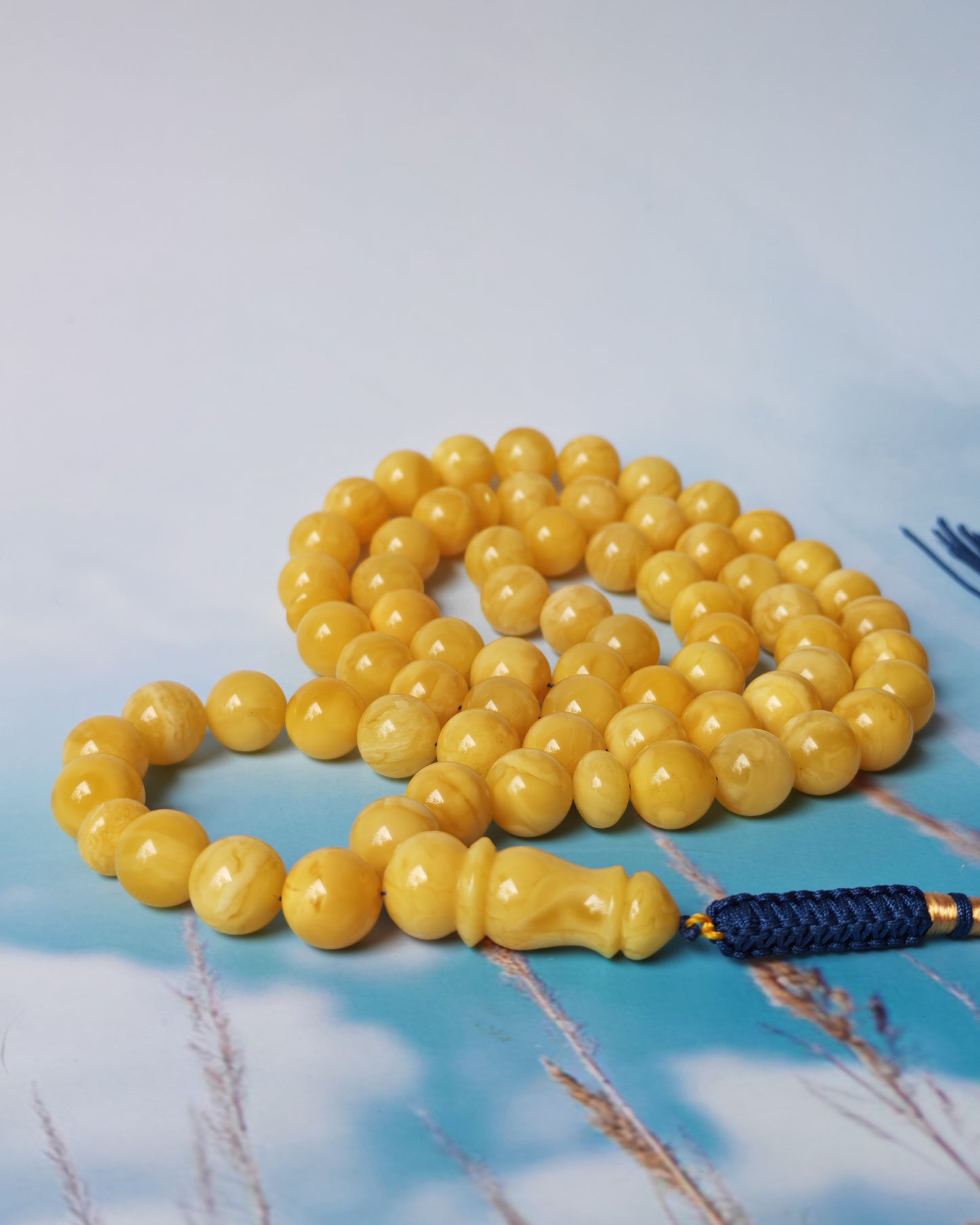 Natural Butterscotch Amber Rosary with Royal White Inclusions 67 Beads