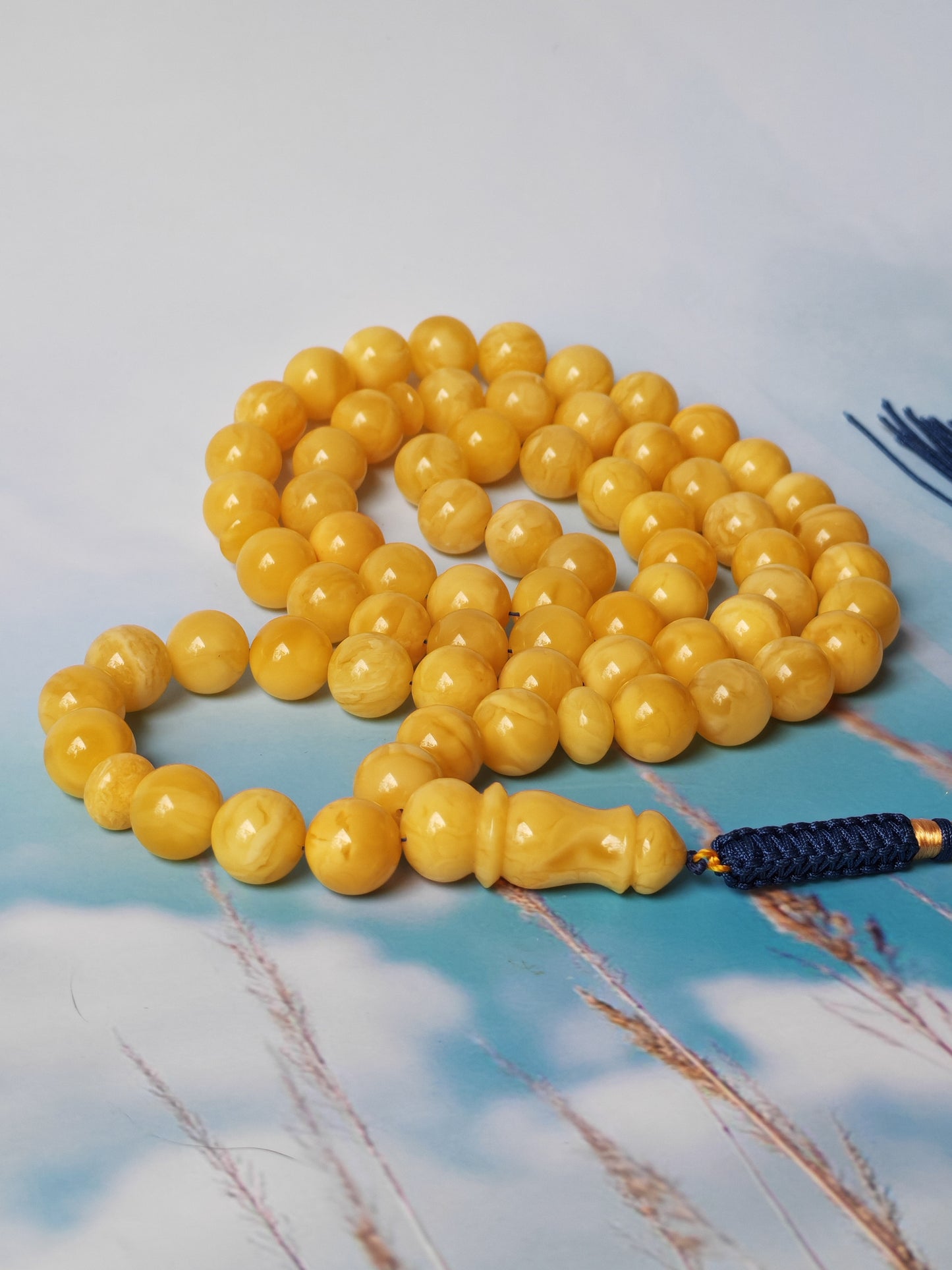 Natural Butterscotch Amber Rosary with Royal White Inclusions 67 Beads