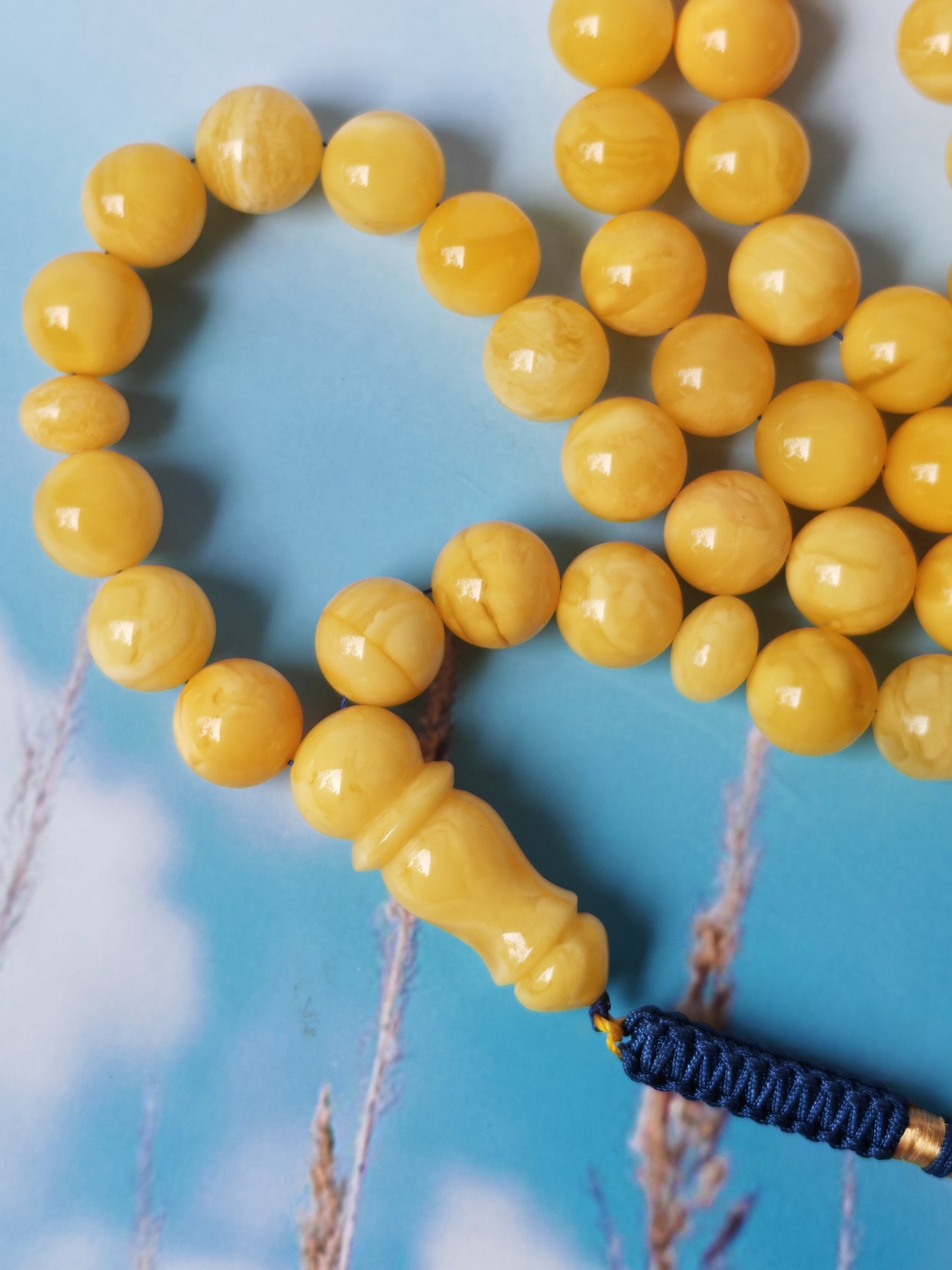 Natural Butterscotch Amber Rosary with Royal White Inclusions 67 Beads