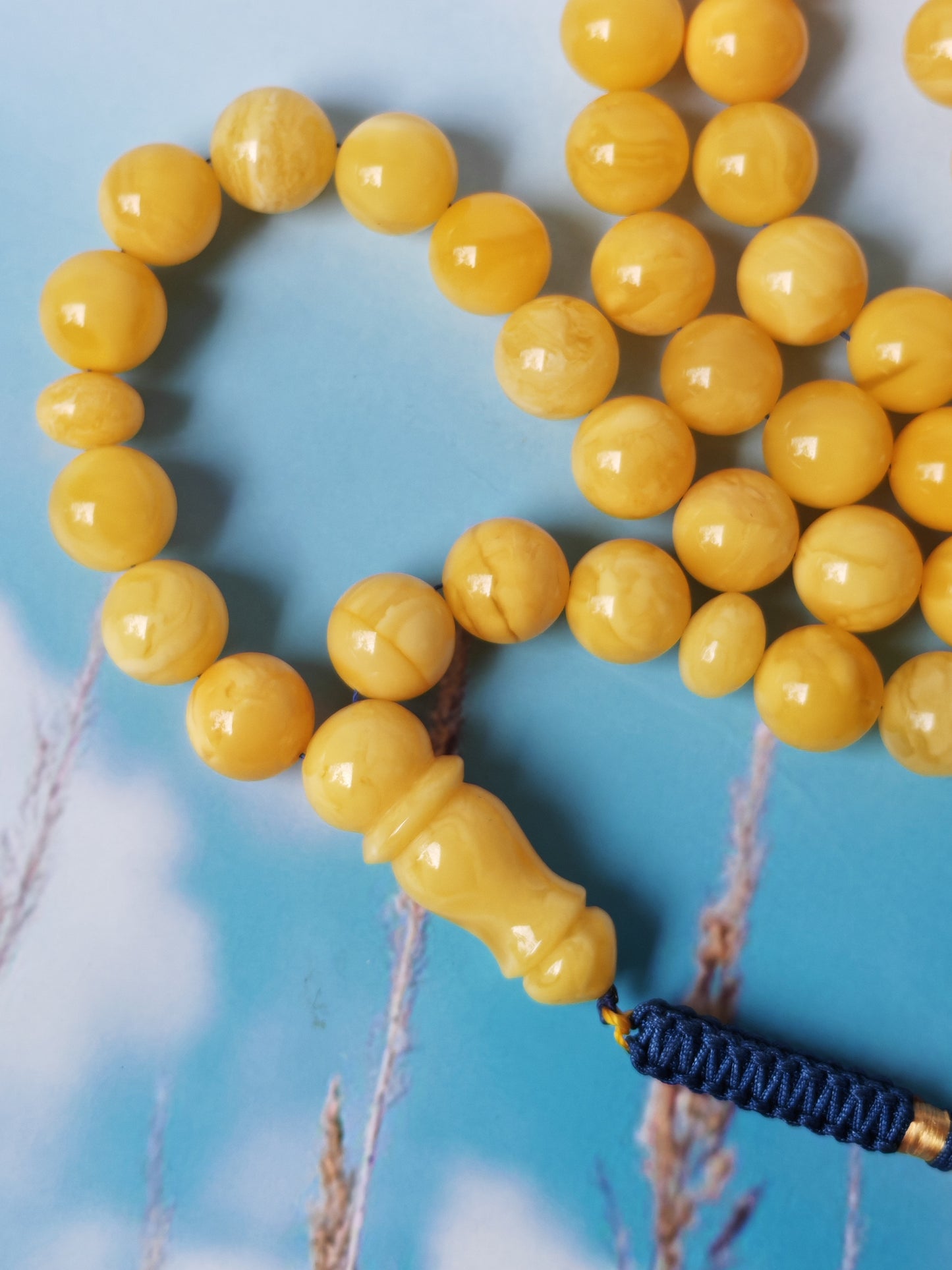 Natural Butterscotch Amber Rosary with Royal White Inclusions 67 Beads