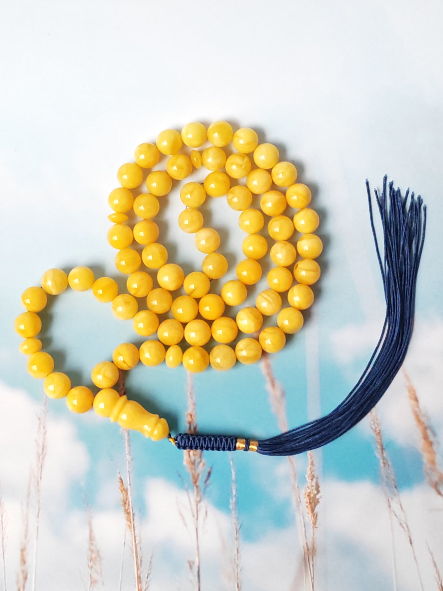 Natural Butterscotch Amber Rosary with Royal White Inclusions 67 Beads