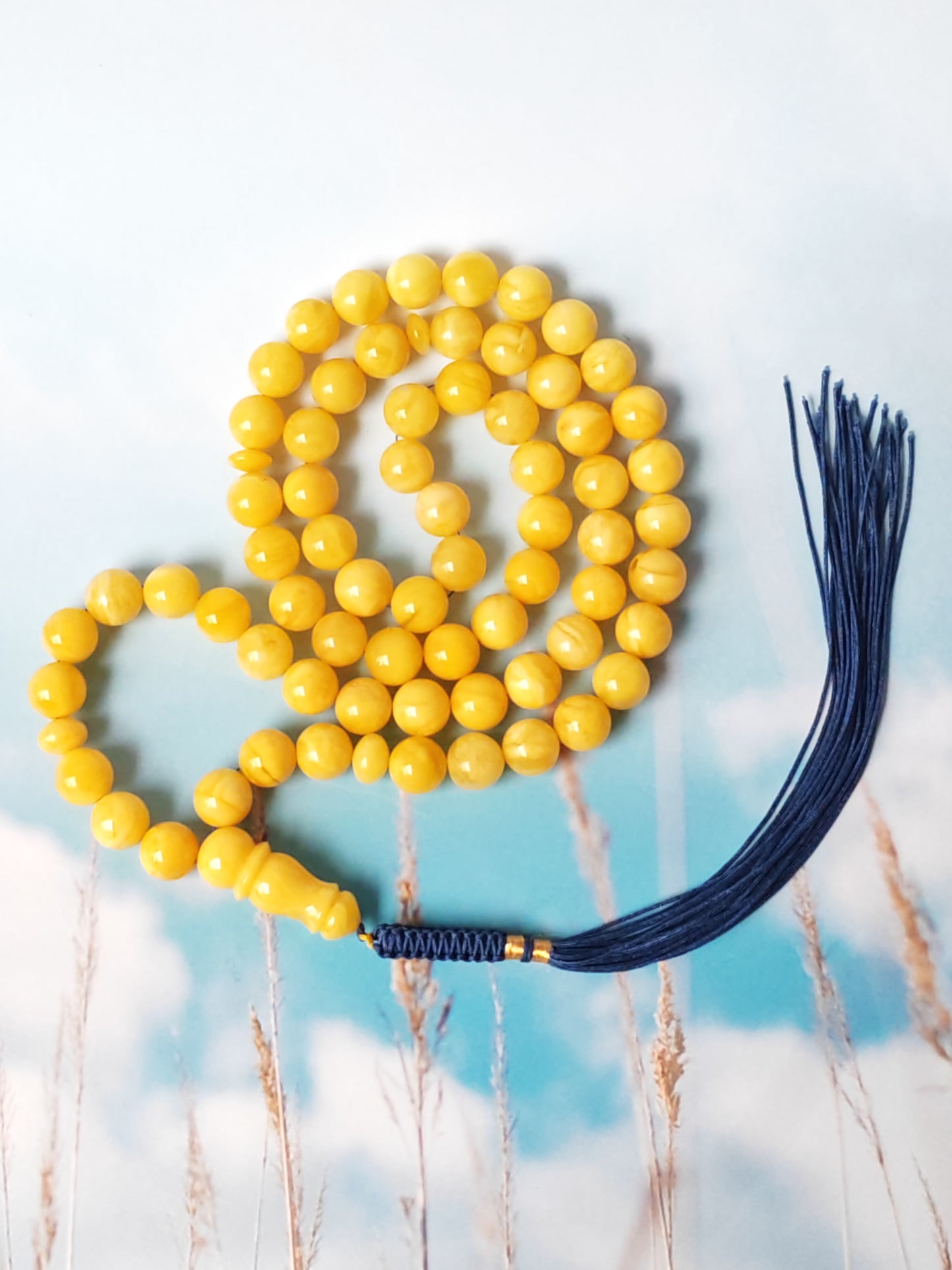Natural Butterscotch Amber Rosary with Royal White Inclusions 67 Beads