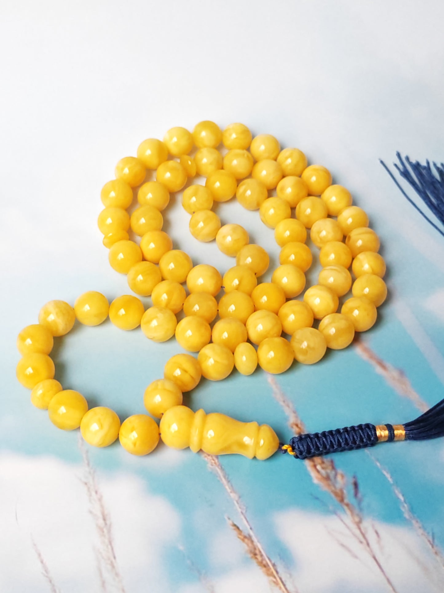 Natural Butterscotch Amber Rosary with Royal White Inclusions 67 Beads