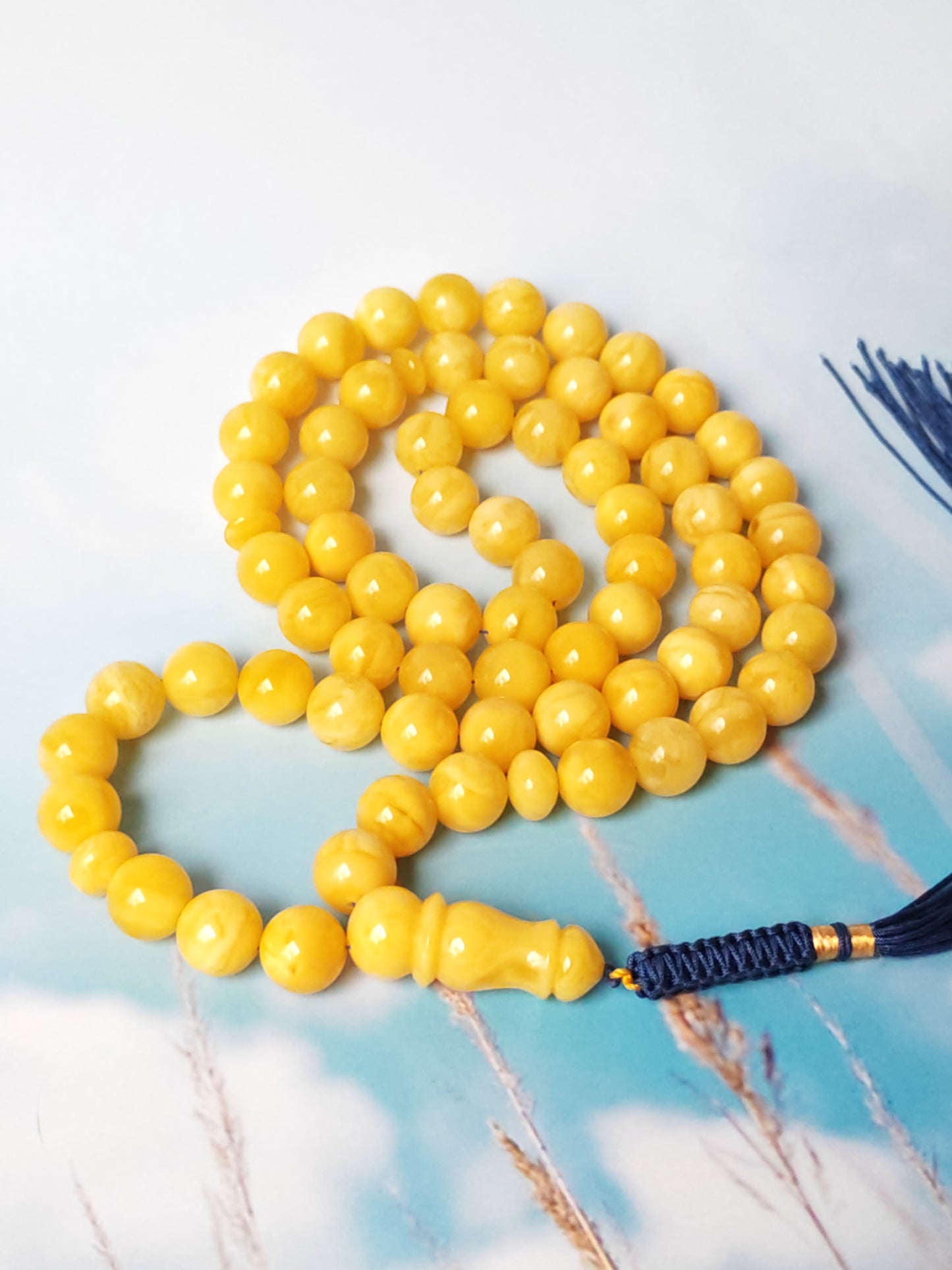 Natural Butterscotch Amber Rosary with Royal White Inclusions 67 Beads