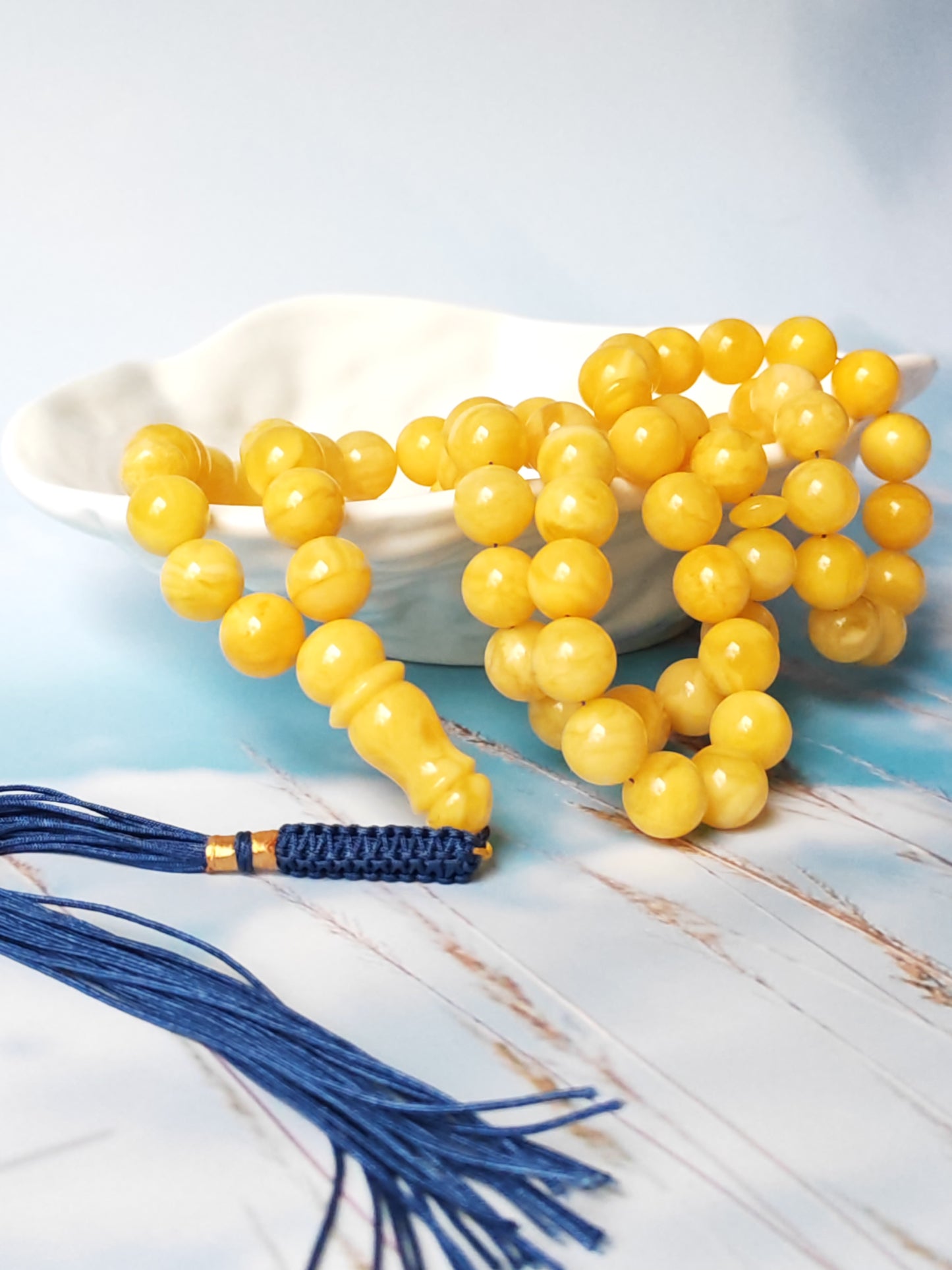 Natural Butterscotch Amber Rosary with Royal White Inclusions 67 Beads