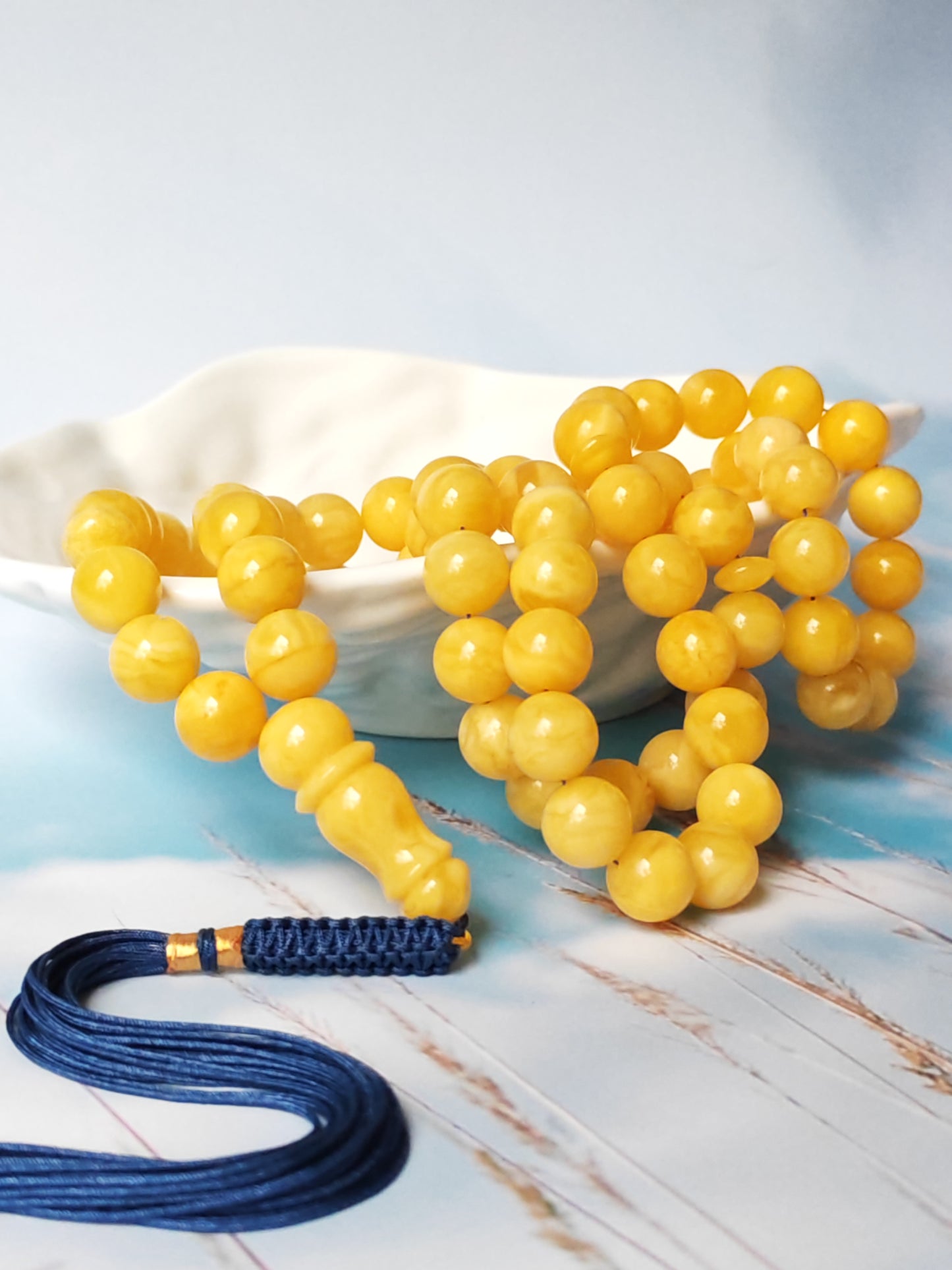 Natural Butterscotch Amber Rosary with Royal White Inclusions 67 Beads