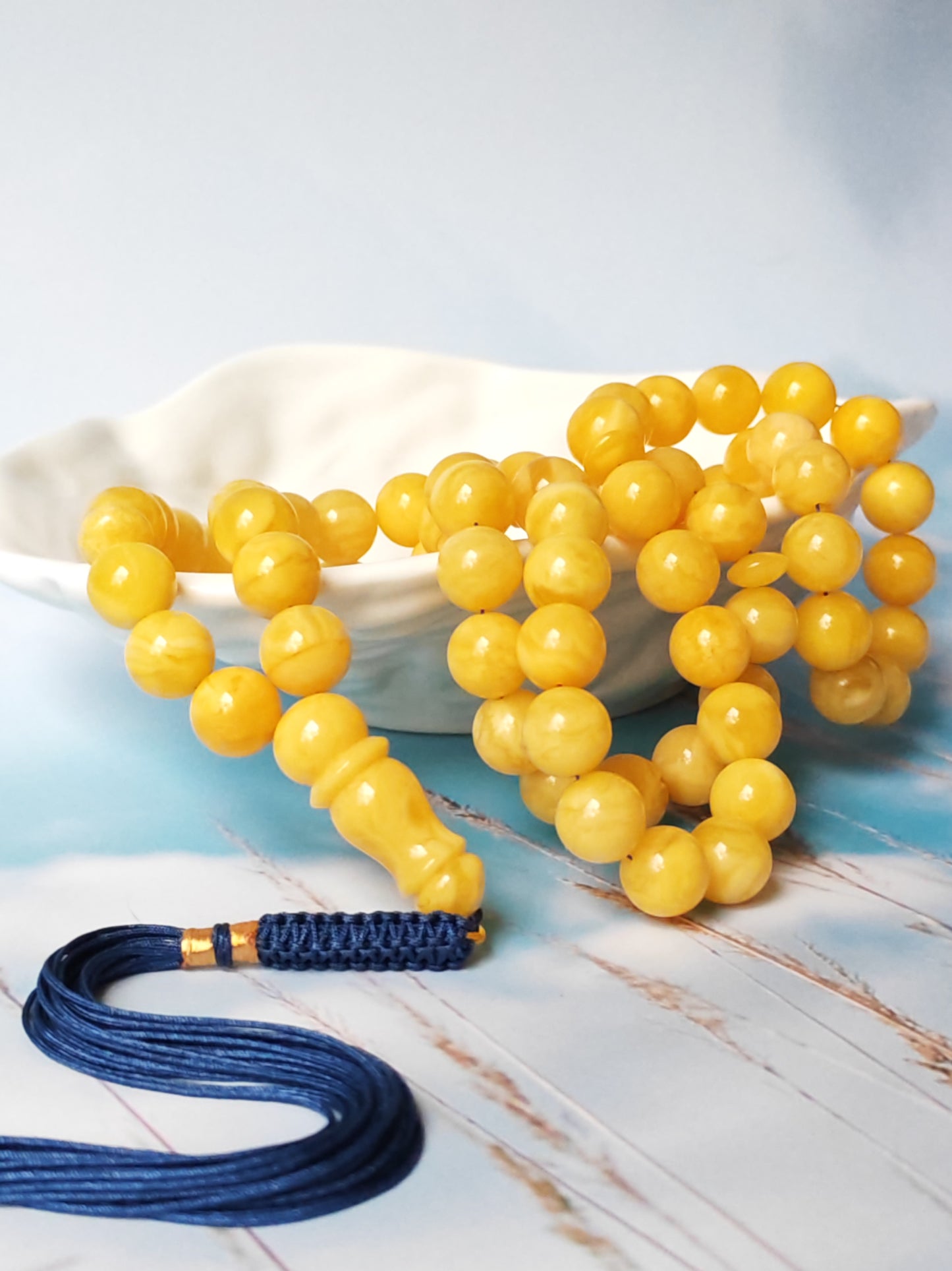 Natural Butterscotch Amber Rosary with Royal White Inclusions 67 Beads