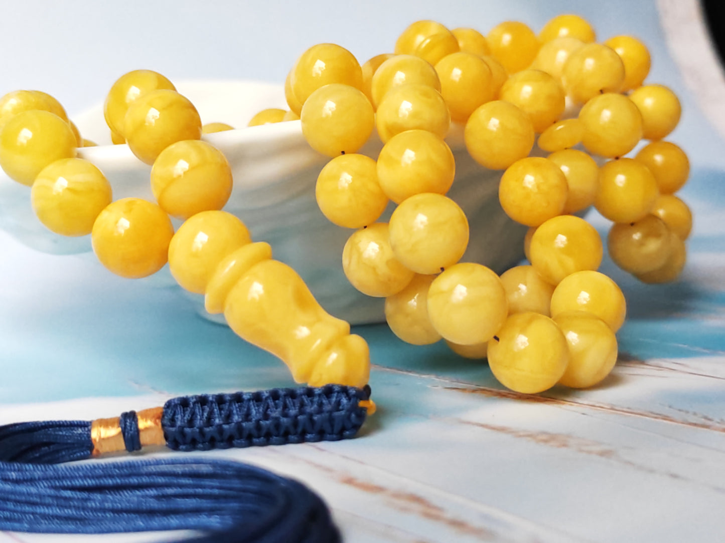 Natural Butterscotch Amber Rosary with Royal White Inclusions 67 Beads