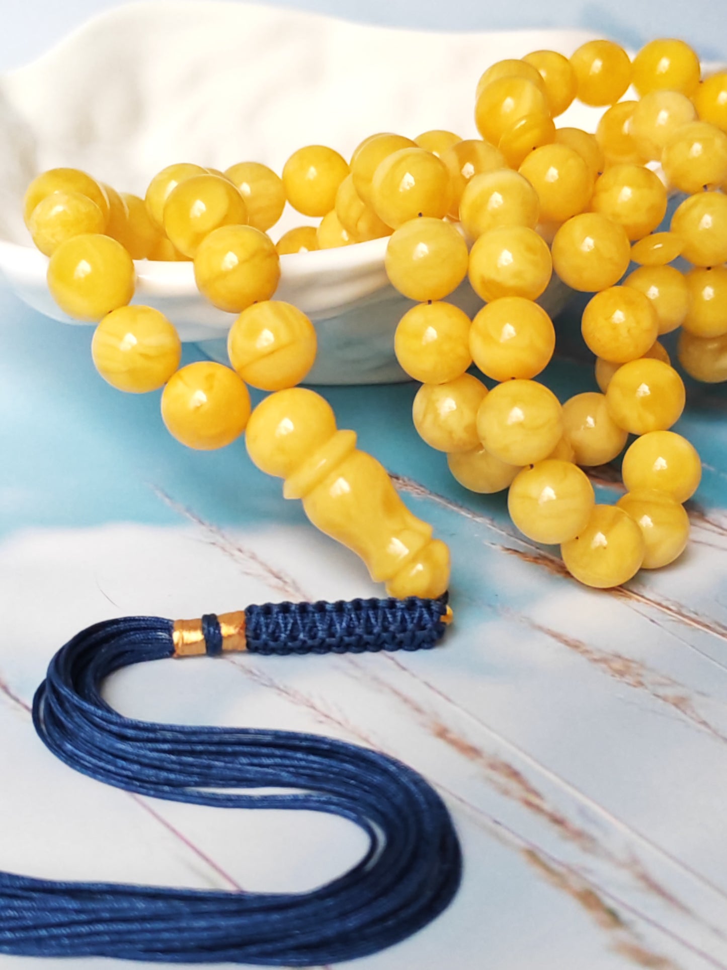 Natural Butterscotch Amber Rosary with Royal White Inclusions 67 Beads