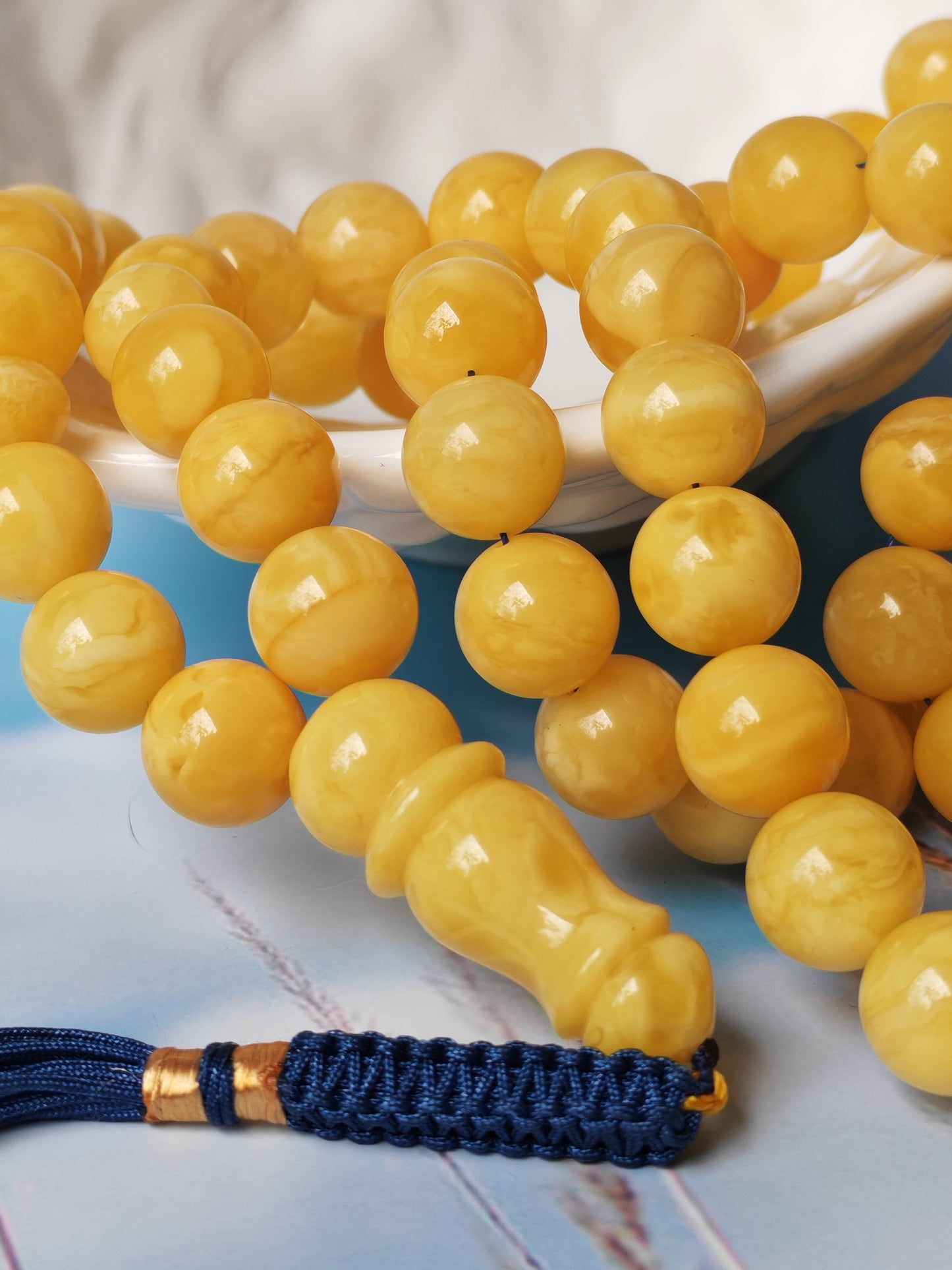 Natural Butterscotch Amber Rosary with Royal White Inclusions 67 Beads