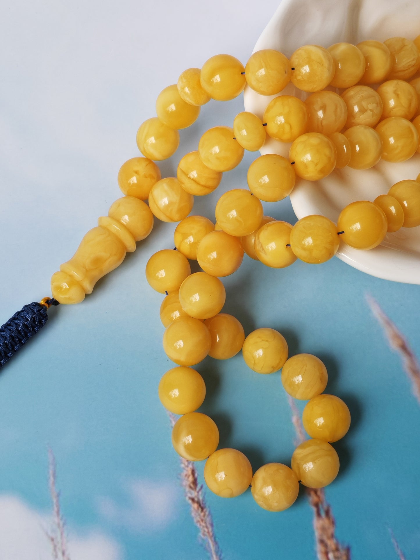 Natural Butterscotch Amber Rosary with Royal White Inclusions 67 Beads