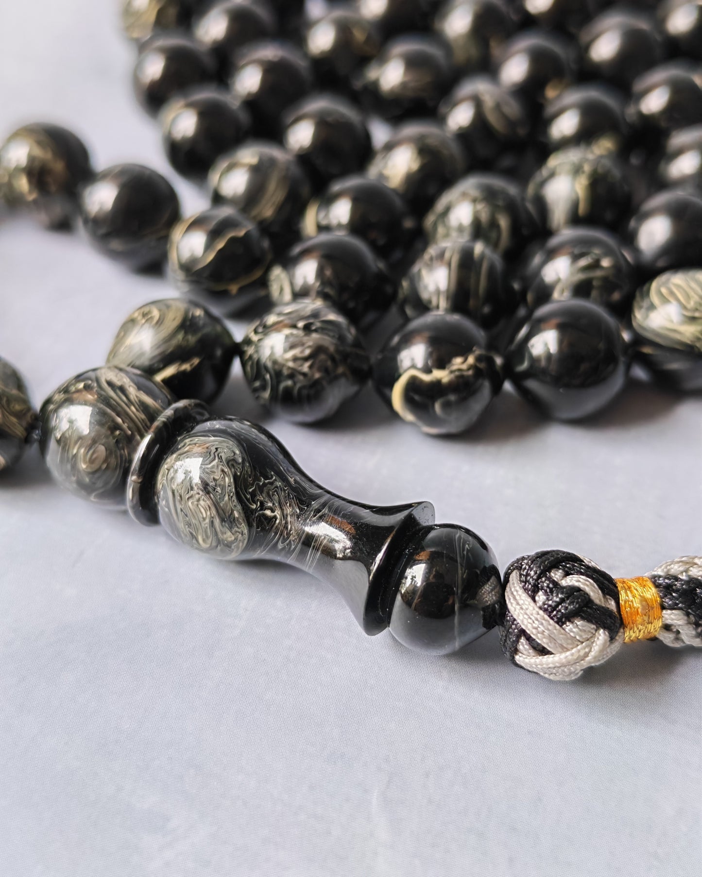 American Bakelite Rosary – 53 Beads | Rare Istanbul Shape in Black with White Veins