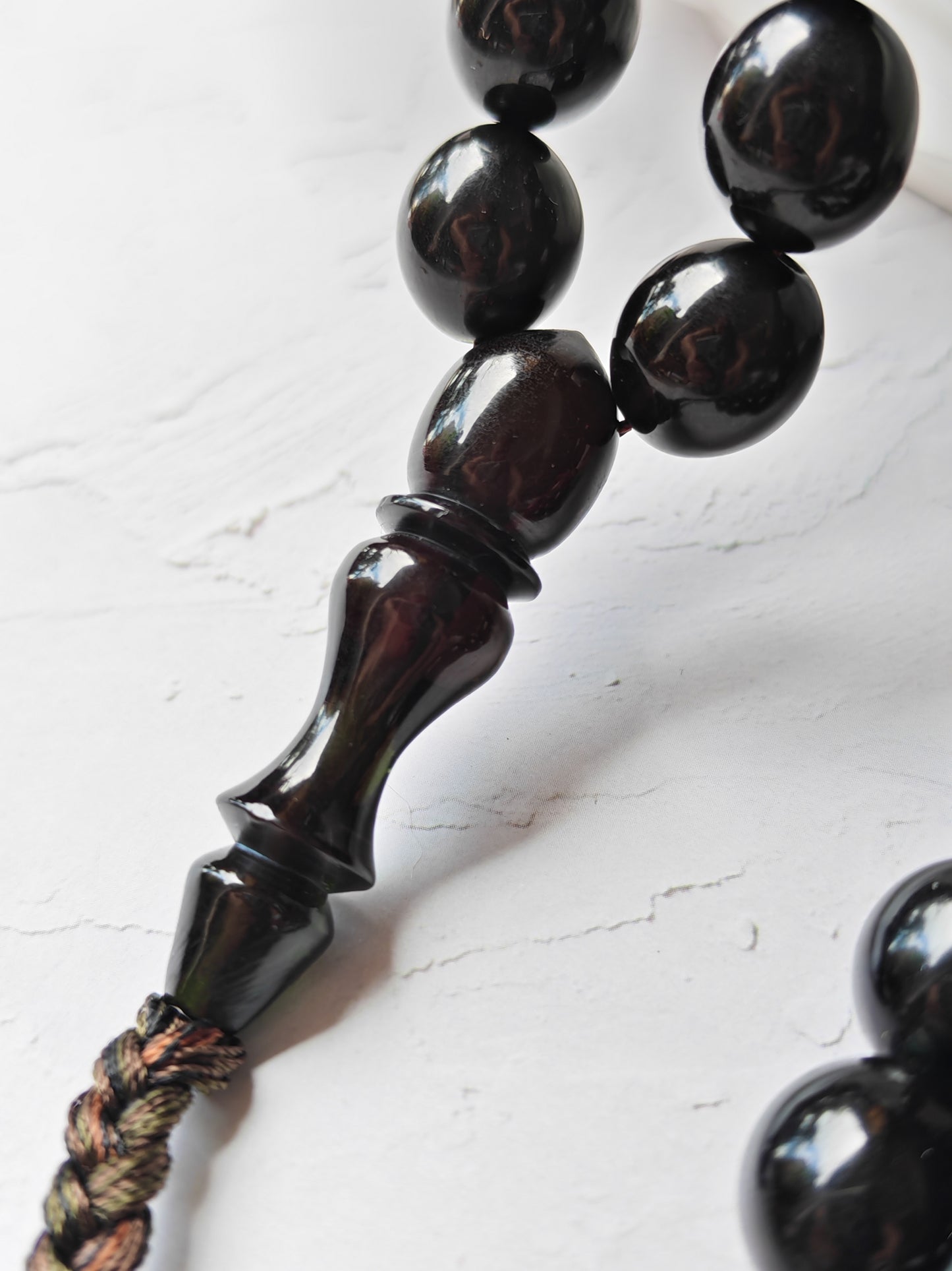 French Bakelite Rosary – 41 Pigeon-Egg Beads | Chameleon Green-Black with Red Overlay Effect
