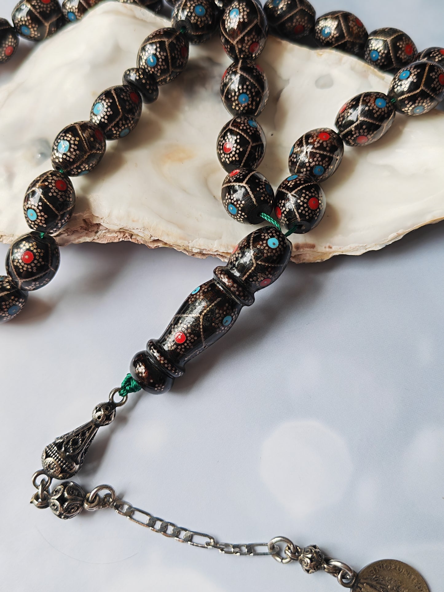 Black Coral Tasbih | Olive-Shaped Beads with Enamel & Silver Mosaic | Ahmed Alfar