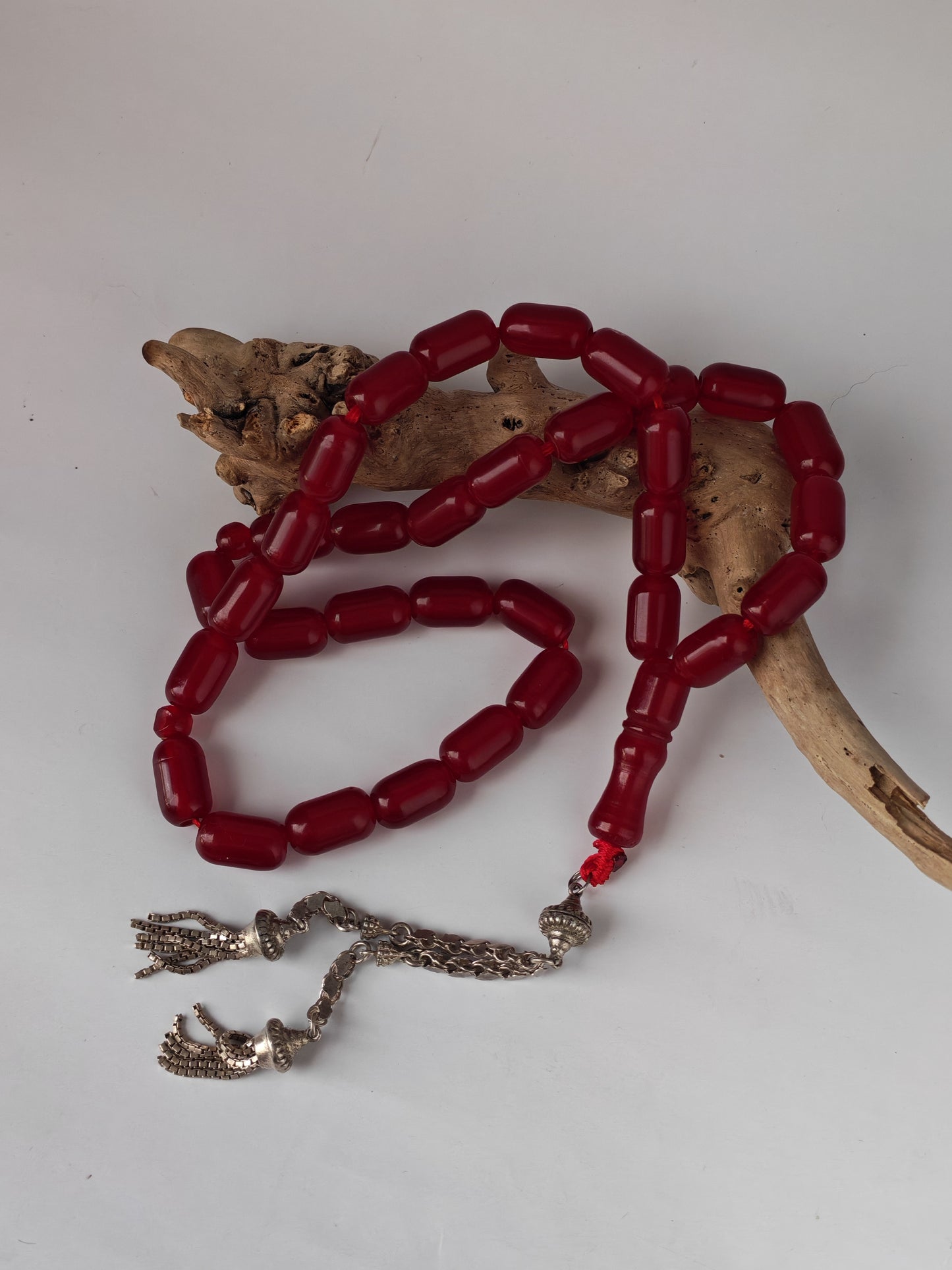 Long Red Bakelite Misbah – 33 Barrel Beads, Antique Silver Tassel