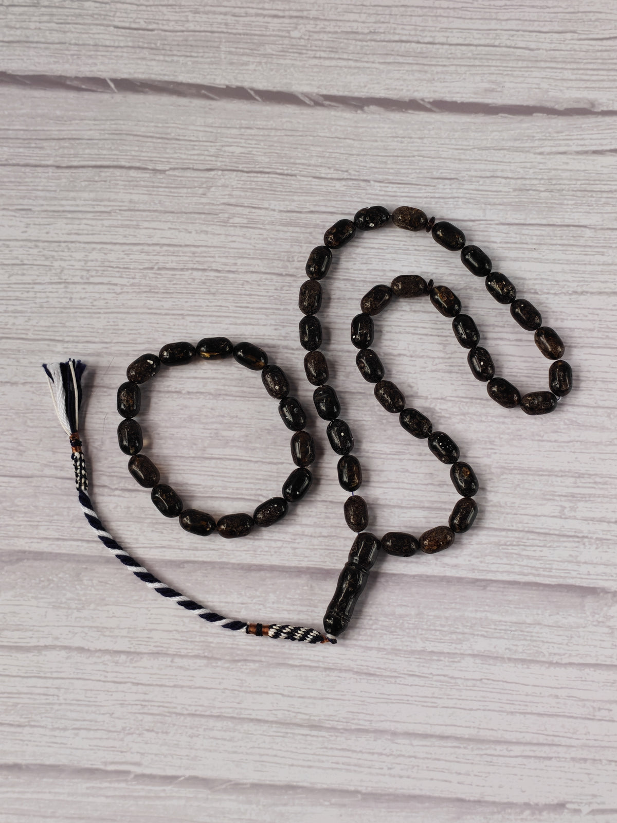 Black Raw Baltic Amber Set | 33 Barrel Bead Misbah + Bracelet | Natural Inclusions | Debris | 29.7 g