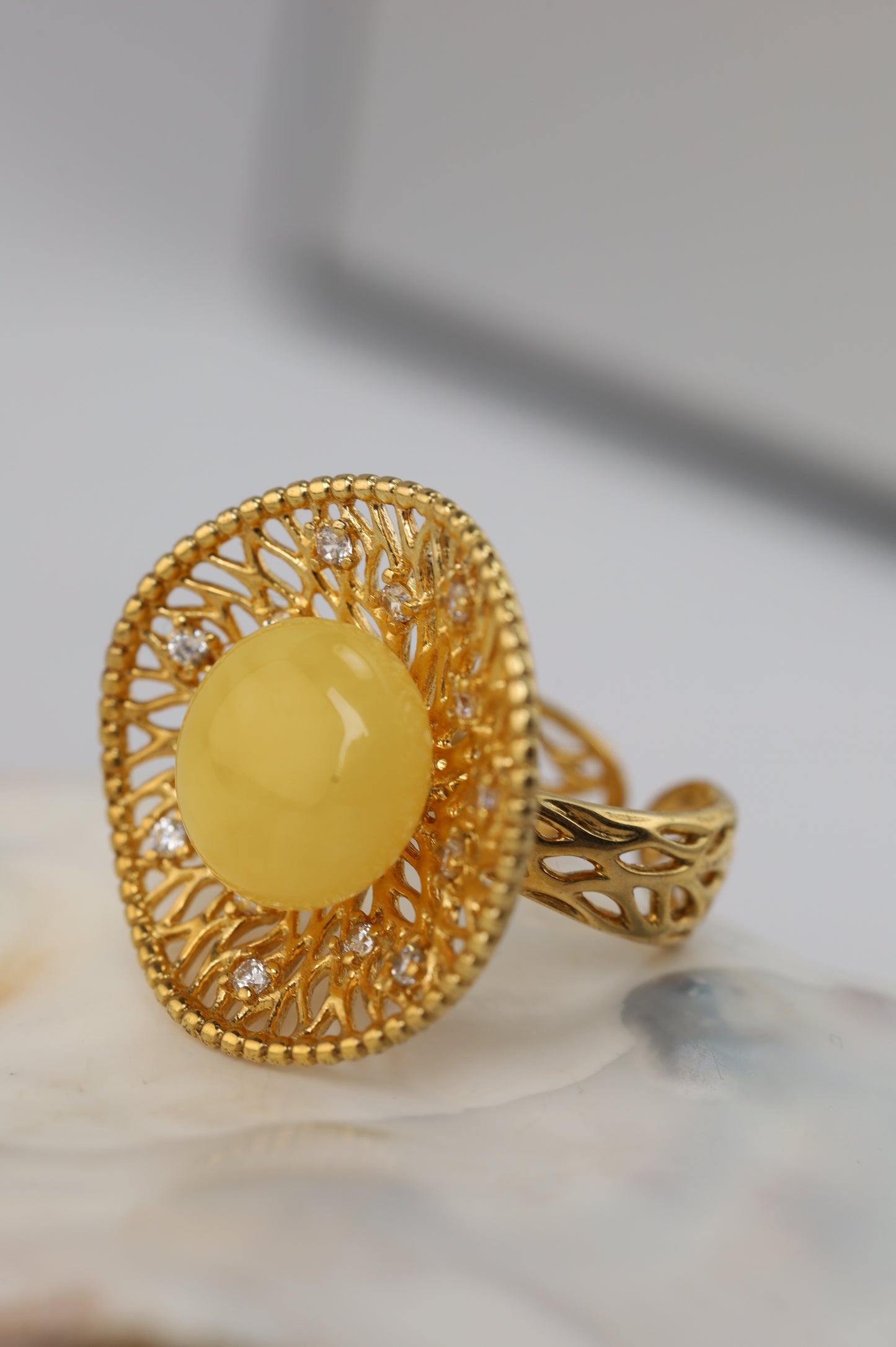 Supertree Ring with Royal White Amber and Cubic Zirconias in Gold Plated Silver
