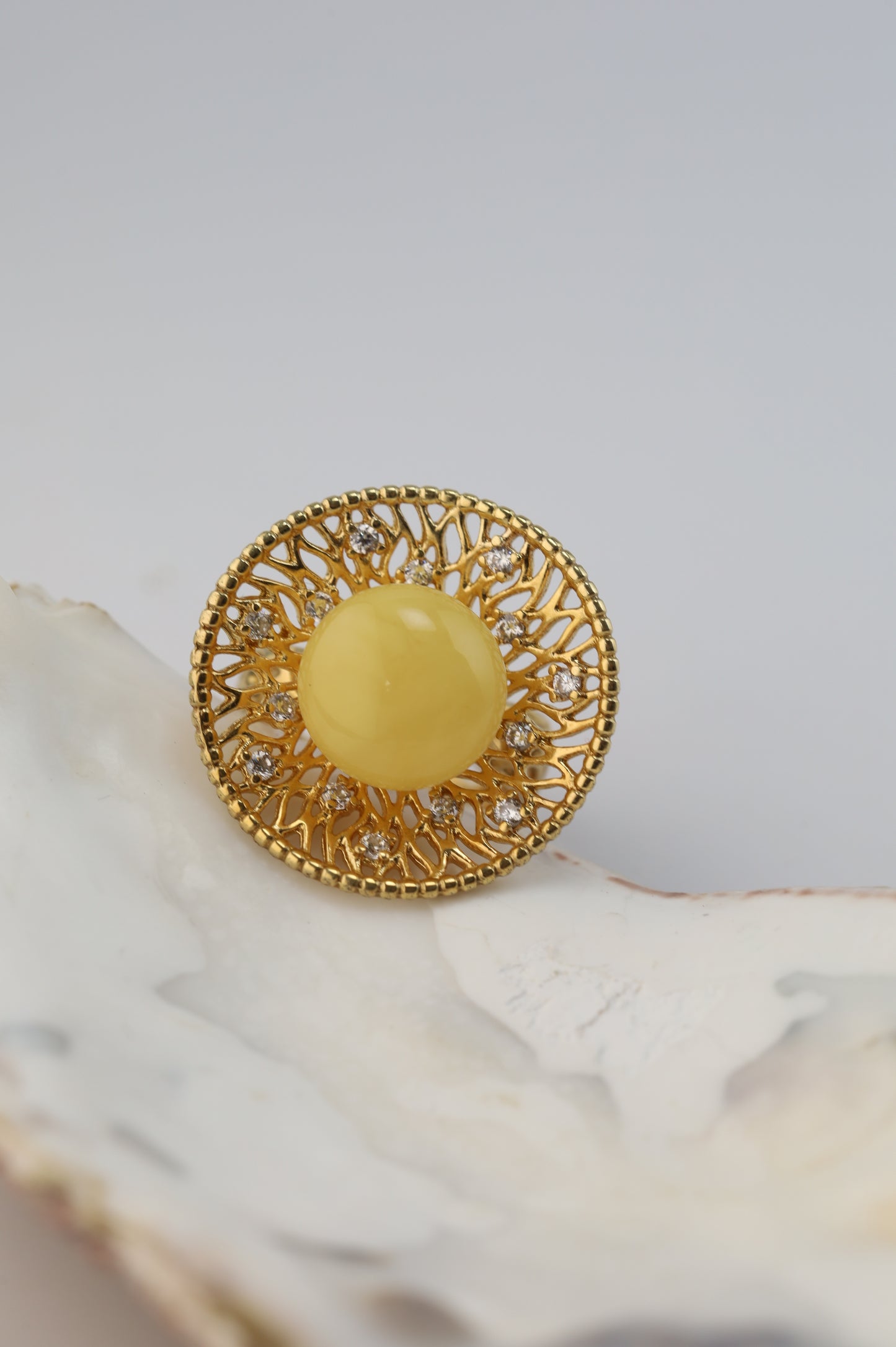 Supertree Ring with Royal White Amber and Cubic Zirconias in Gold Plated Silver