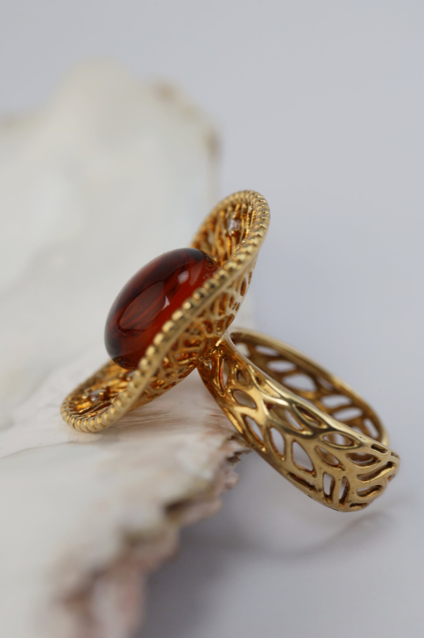 Supertree Ring with Cherry Amber and Cubic Zirconias in Gold Plated Silver