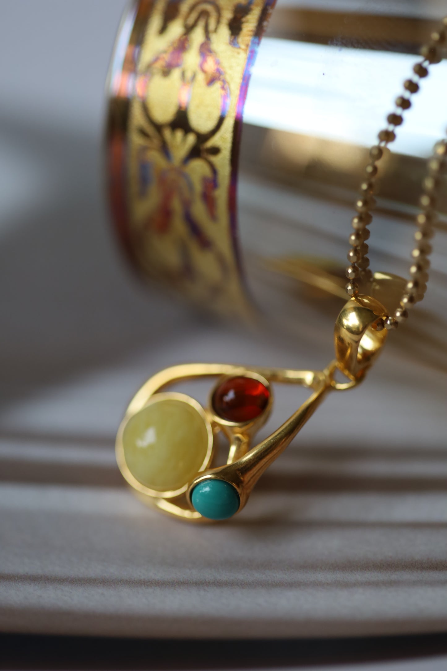 Butterscotch Amber, Cherry Amber and Iranian Turquoise Gold Plated Pendant
