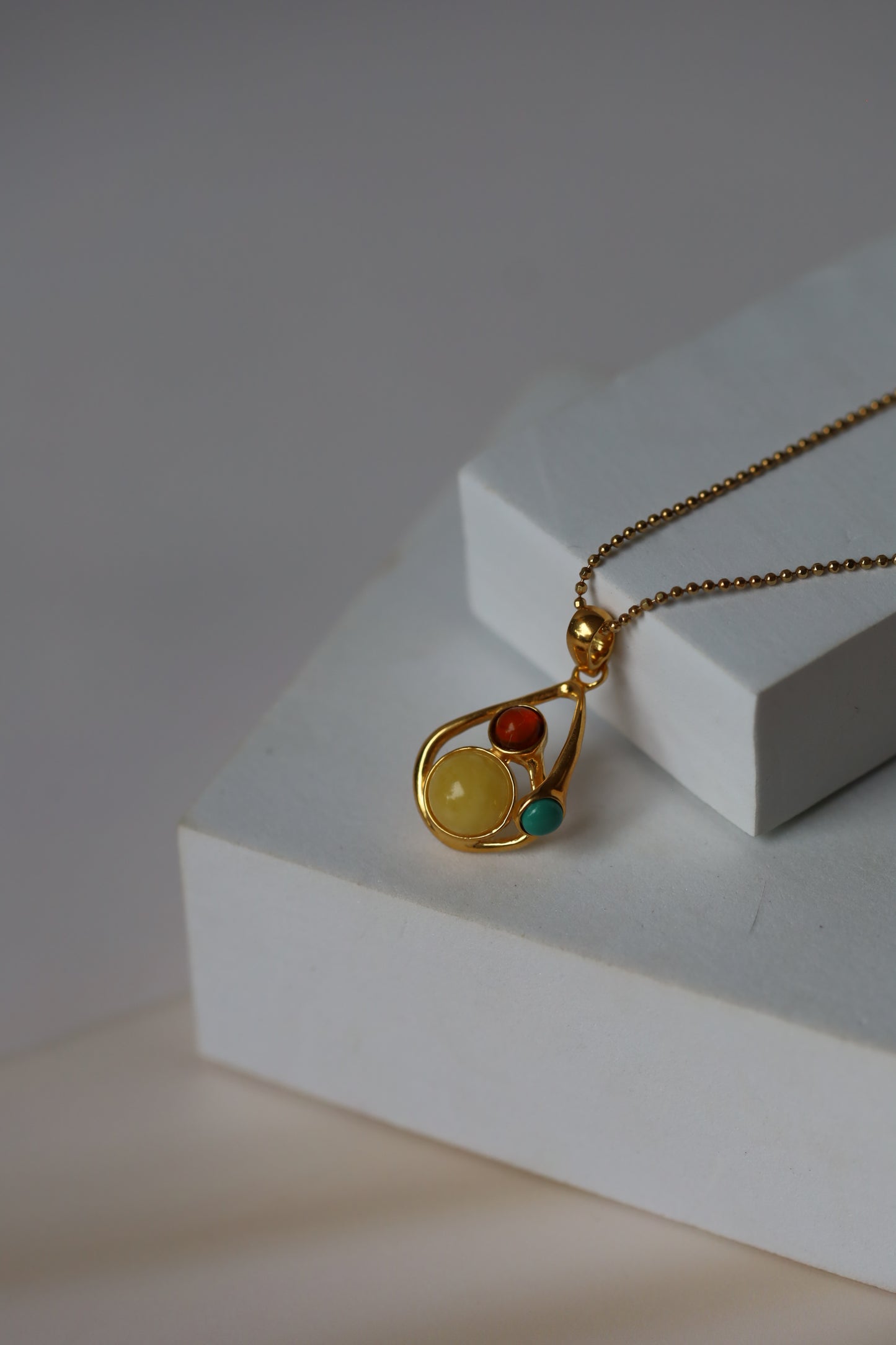 Butterscotch Amber, Cherry Amber and Iranian Turquoise Gold Plated Pendant